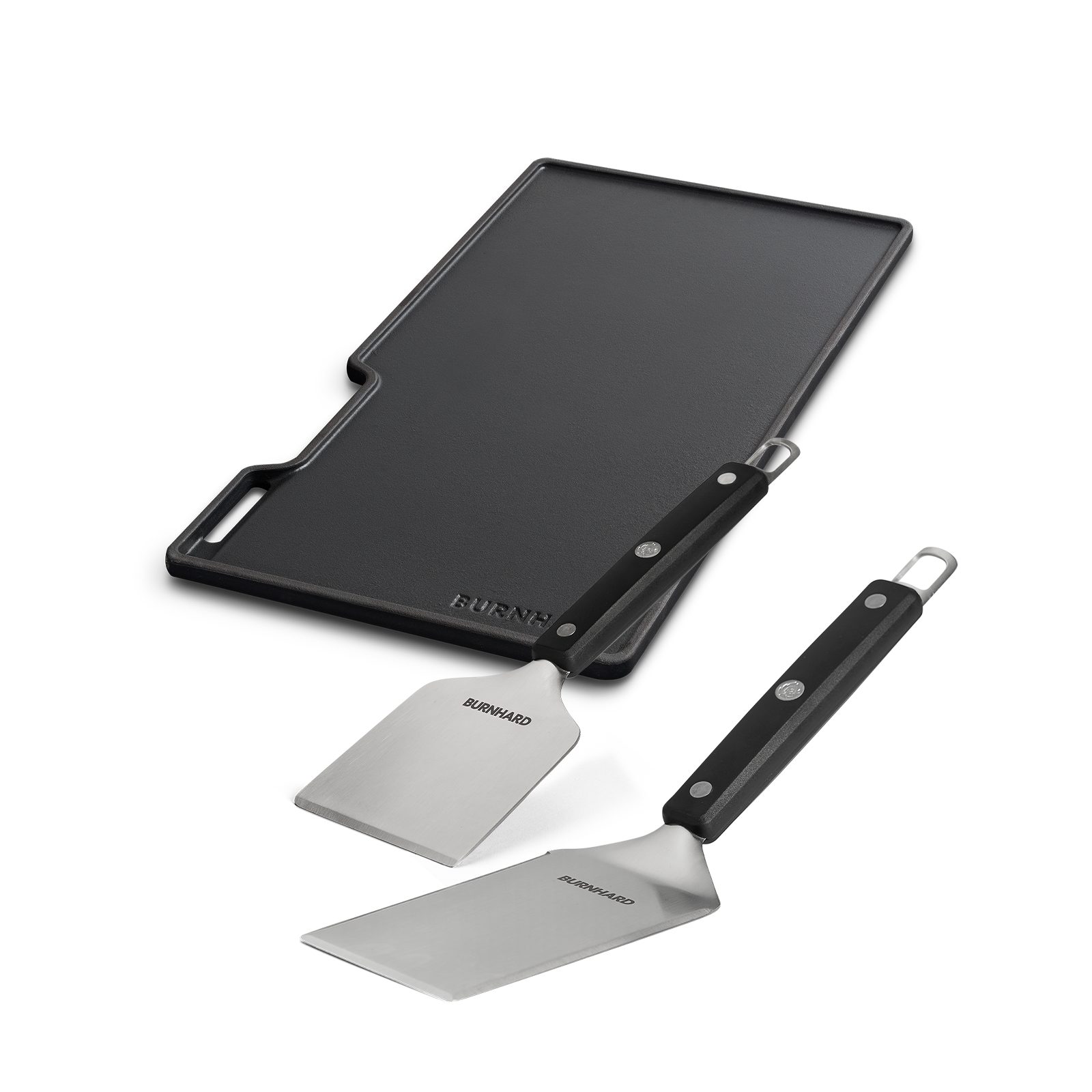 BURNHARD Grillplatte Wendeplatten & Plancha Sets Earl (BURNHARD Gusseisen Wendeplatte Set Earl mit 2-tlg. Grillspachtel und Grillschaber Set), Gusseisen Wendeplatte inkl. Grillspachtel und Grillschaber Set