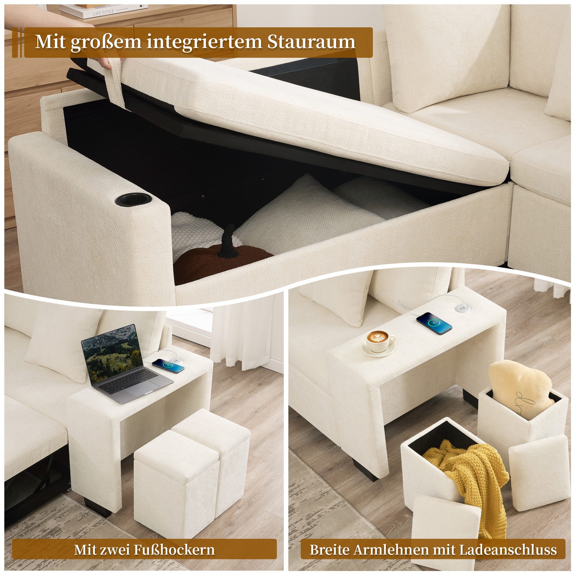 i@home Ecksofa L-förmiges Umwandelbares Schlafsofa, mit Schlaffunktion,Stauraum, USB-und USB-C Anschlüsse,Breite Armlehnen