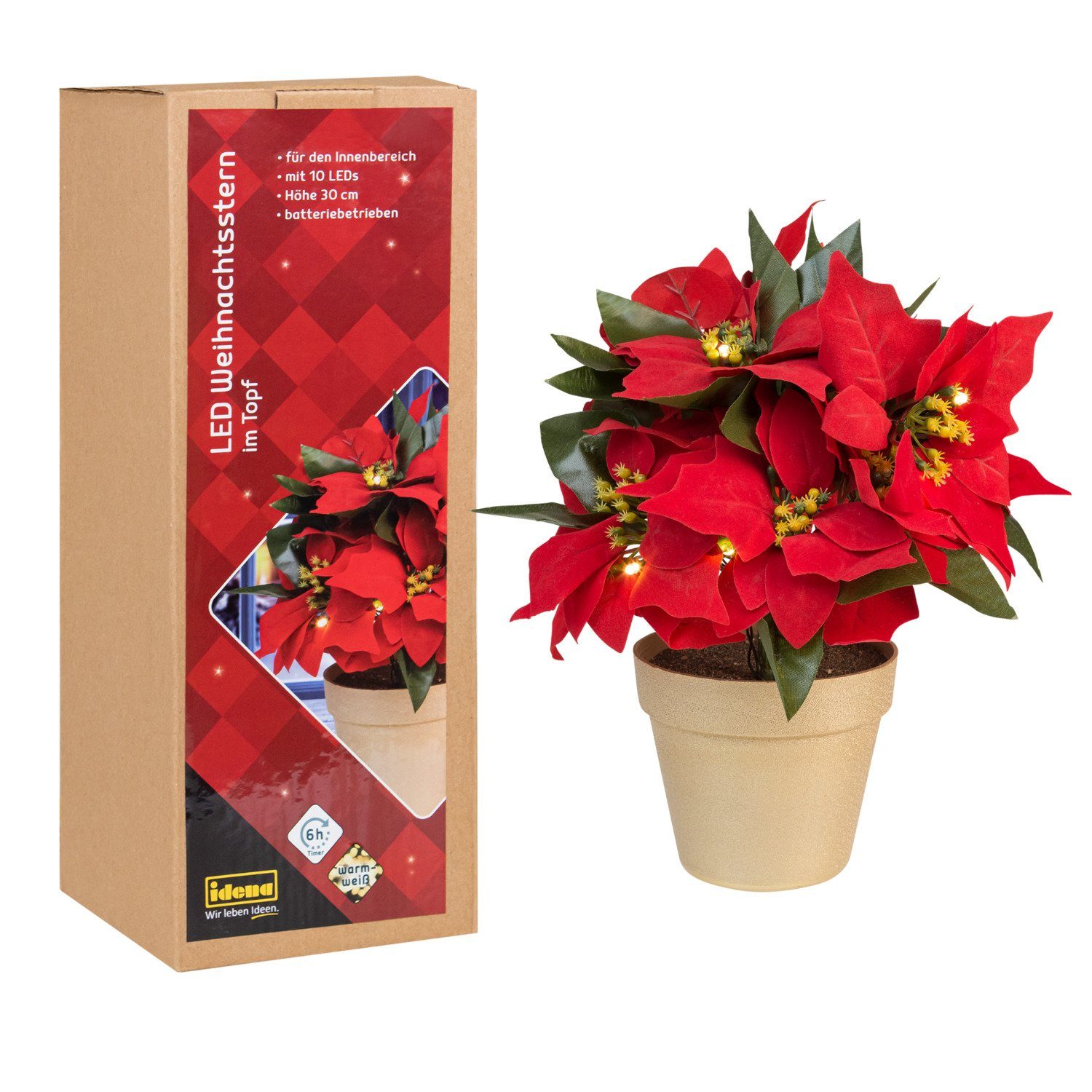 Idena LED Stern Idena 30259 - Deko-Weihnachtsstern mit 10 LED in Warmweiß, ca. 30 cm