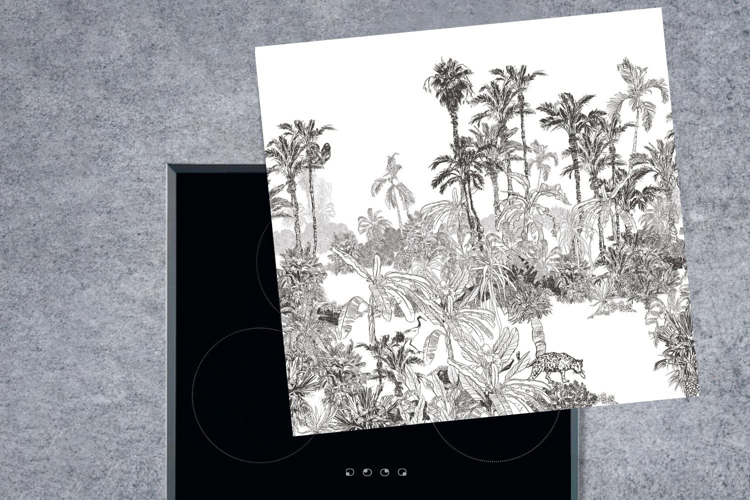 küche Schwarz Ceranfeldabdeckung, MuchoWow (1 cm, Weiß, für Vinyl, Herdblende-/Abdeckplatte tlg), - 78x78 - Dschungel Arbeitsplatte