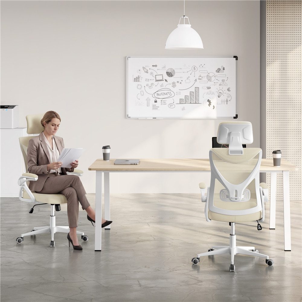 Yaheetech Drehstuhl mit Hochklappbaren Armlehnen & Verstellbarer Kopfstütze, Ergonomischer Bürostuhl Schreibtischstuhl mit flexiblem Lendenkissen – Bild 3 von 5