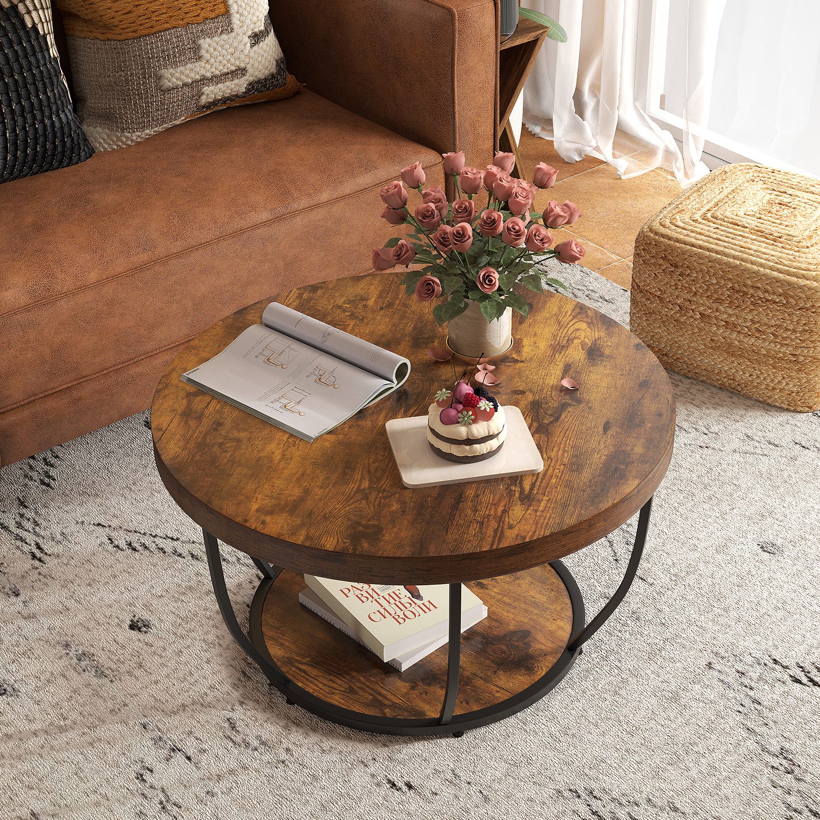 COSTWAY Couchtisch, Couchtisch rund, Sofatisch Holz mit 2 Ebenen & Metallra günstig online kaufen