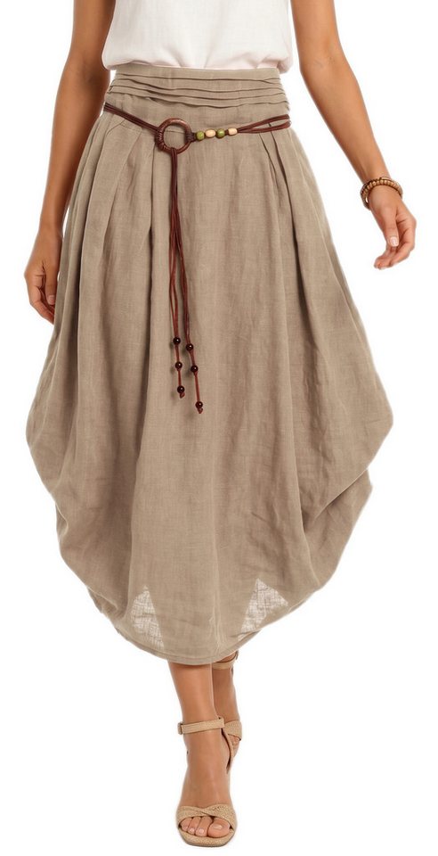 dy_mode Ballonrock Damen Leinenrock Midi Ballonrock Sommerrock Midirock in Unifarbe, mit Teil-Gummibund, Variabler 2-in-1 Look