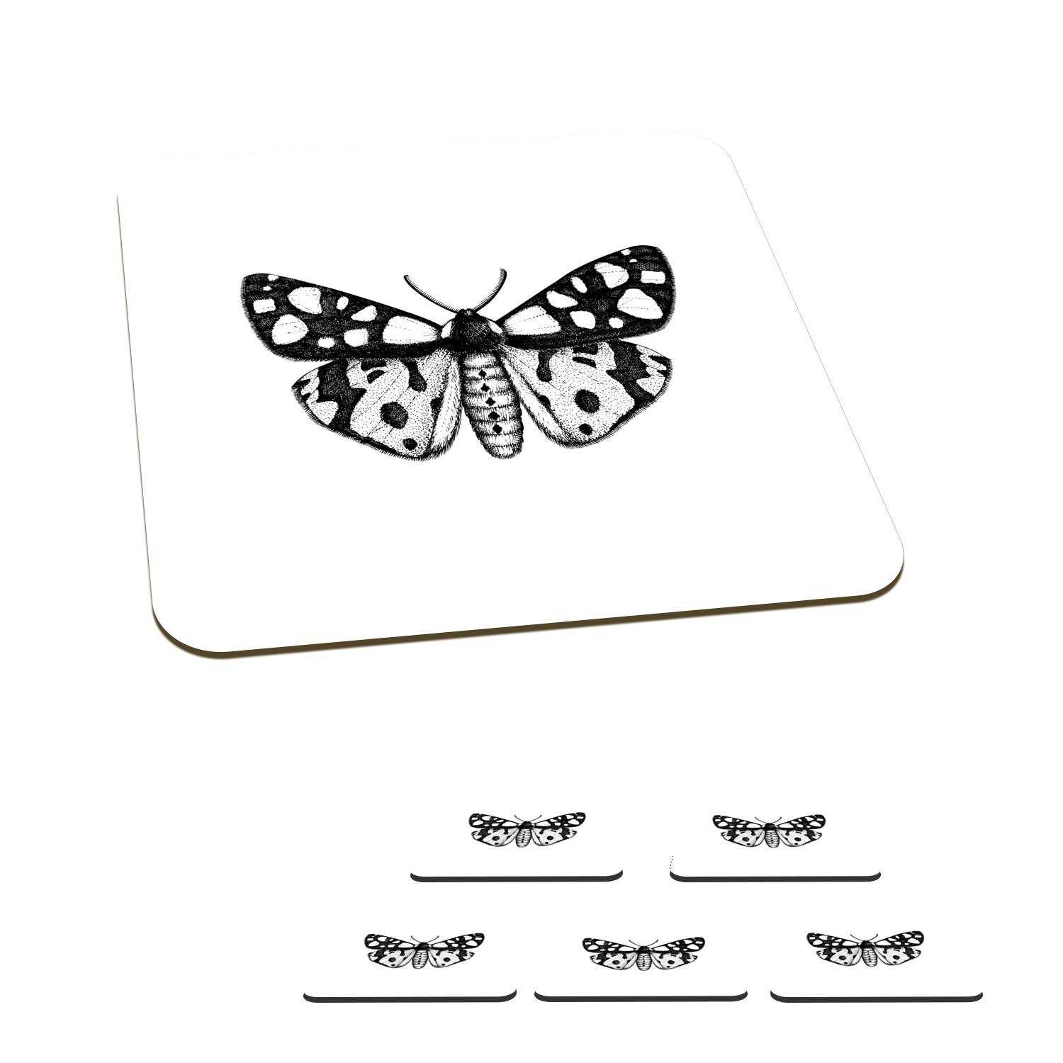 MuchoWow Glasuntersetzer Schmetterling - Vintage - Schwarz und weiß, Zubehör für Gläser, 6-tlg., Glasuntersetzer, Tischuntersetzer, Korkuntersetzer, Untersetzer, Tasse