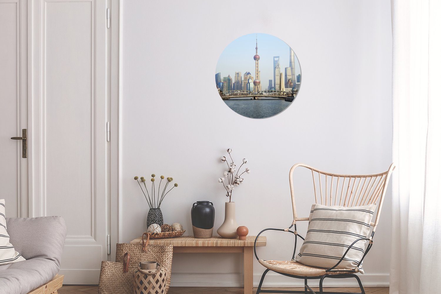MuchoWow Gemälde Skyline Rundes 30x30 Wanddekoration (1 Wandbild, Forex, dem von Kreis Pearl mit Oriental Tower, cm Wohnzimmer, St), Shanghai