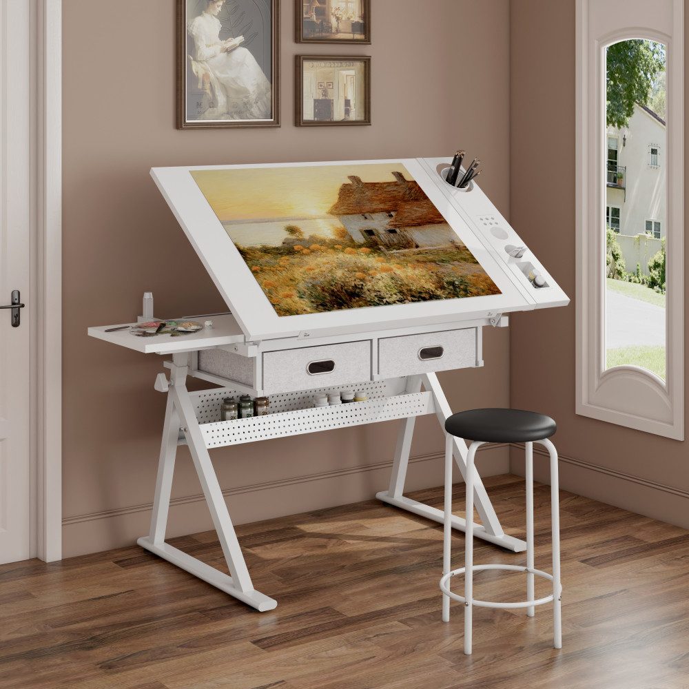 BBWL Zeichentisch mit 2 Schubladen MDF Holz Schreibtisch inkl Hocker, Zeichentisch höhenverstellbar für Home Office Schule