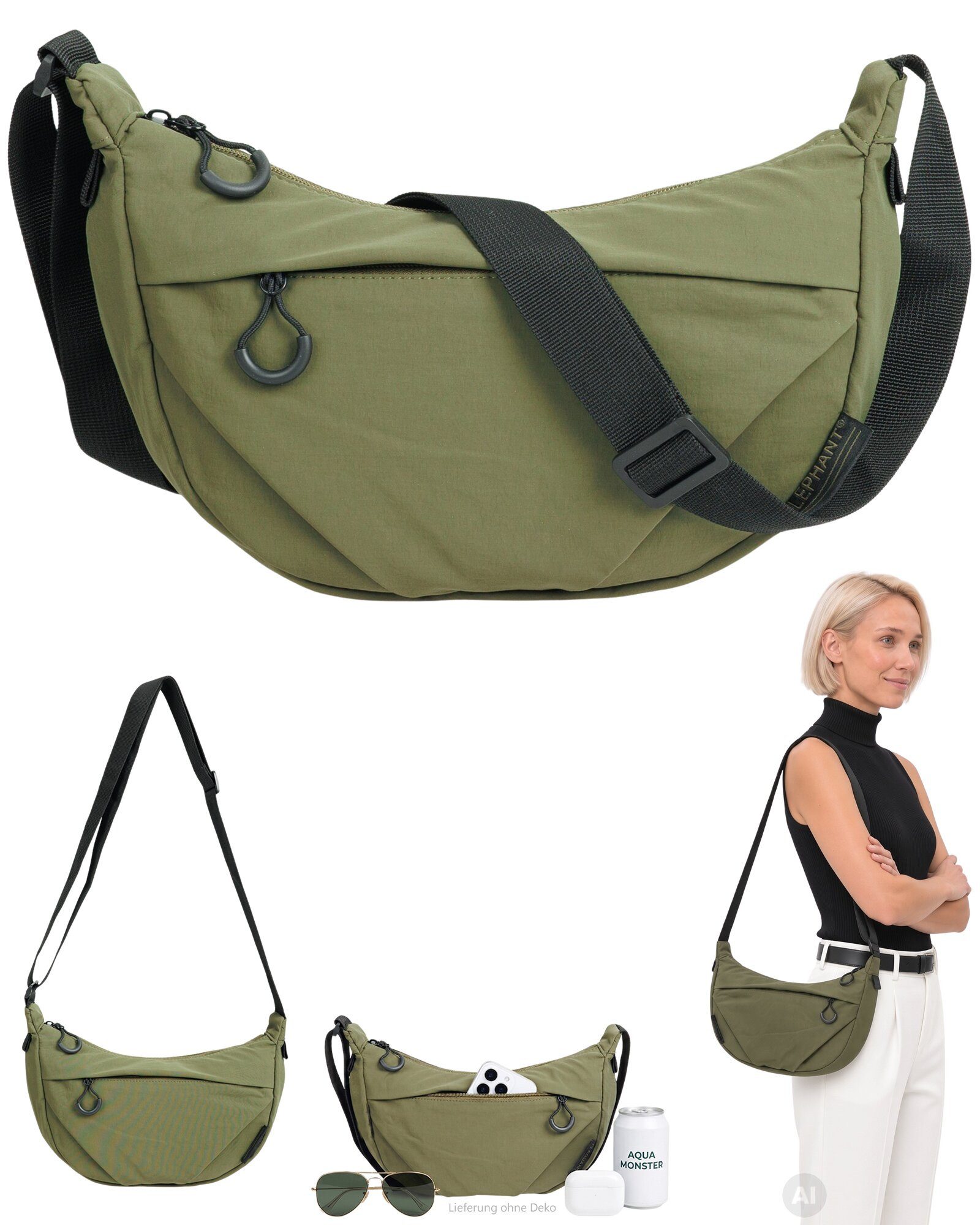 ELEPHANT Handtasche Crossbag Moon Bag Schultertasche Slingbag klein, Damentasche Damen Freizeittasche Umhängetasche Halbmond 3732 + Etui