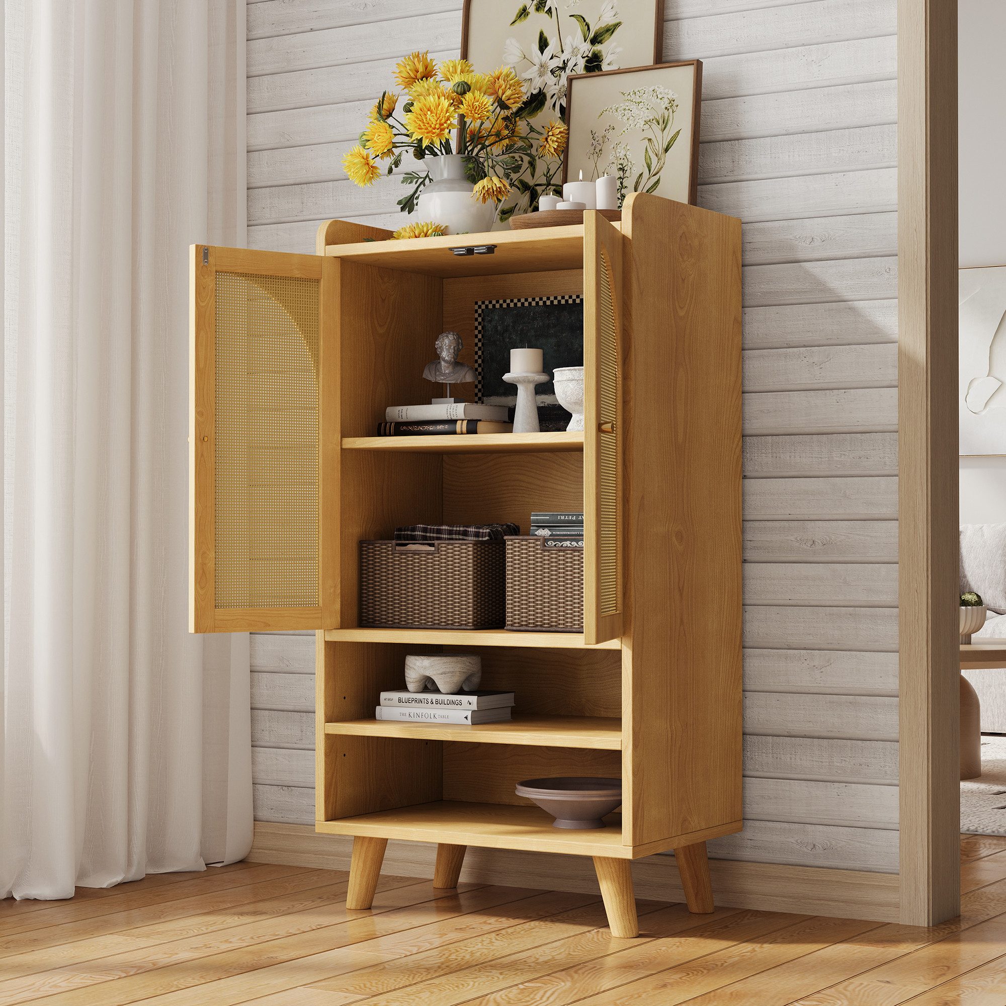 Merax Sideboard Kommode mit 2 Rattantüren und 2 offenen Fächern (1 St., Stauraum Buffet, Holz Anrichte), für Wohnzimmer, Küche oder Flur, 60×40×121 cm – Bild 3 von 5