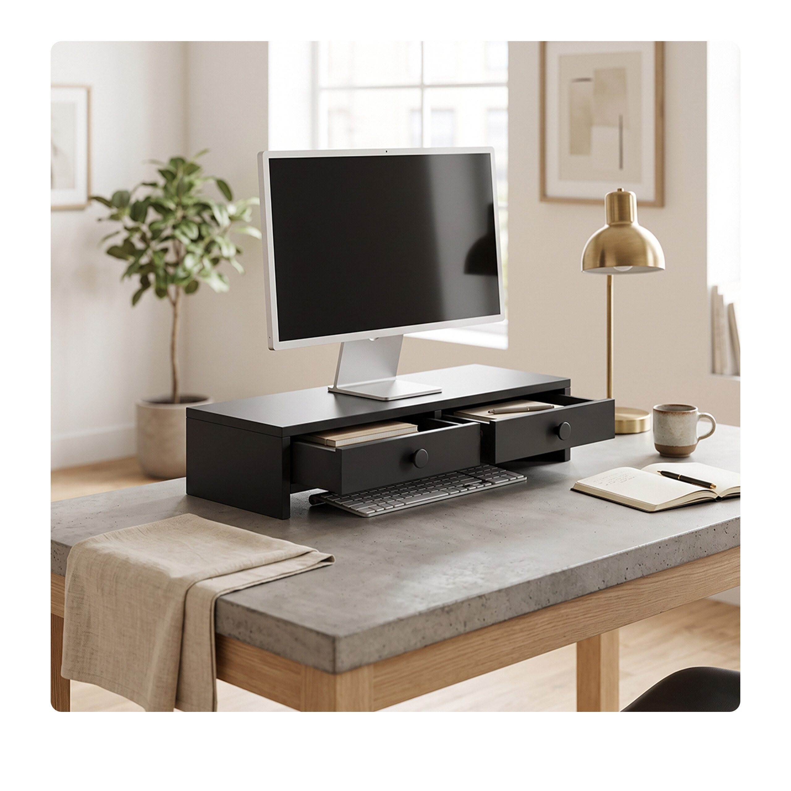 relaxdays Monitorständer mit 2 Schubladen, (1-tlg., schwarz) – Bild 3 von 5