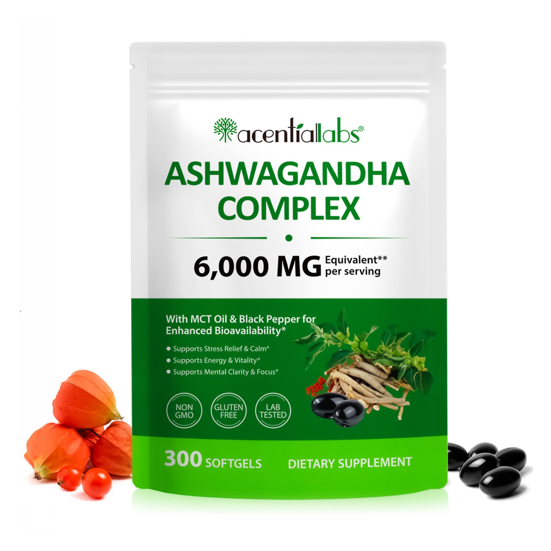 Acentiallabs Ashwagandha Extrakt Komplex Hochdosiert 300 Softgels Laborgeprüft Softgels, Ashwagandha-Extrakt, Softgels, Nahrungsergänzungsmittel