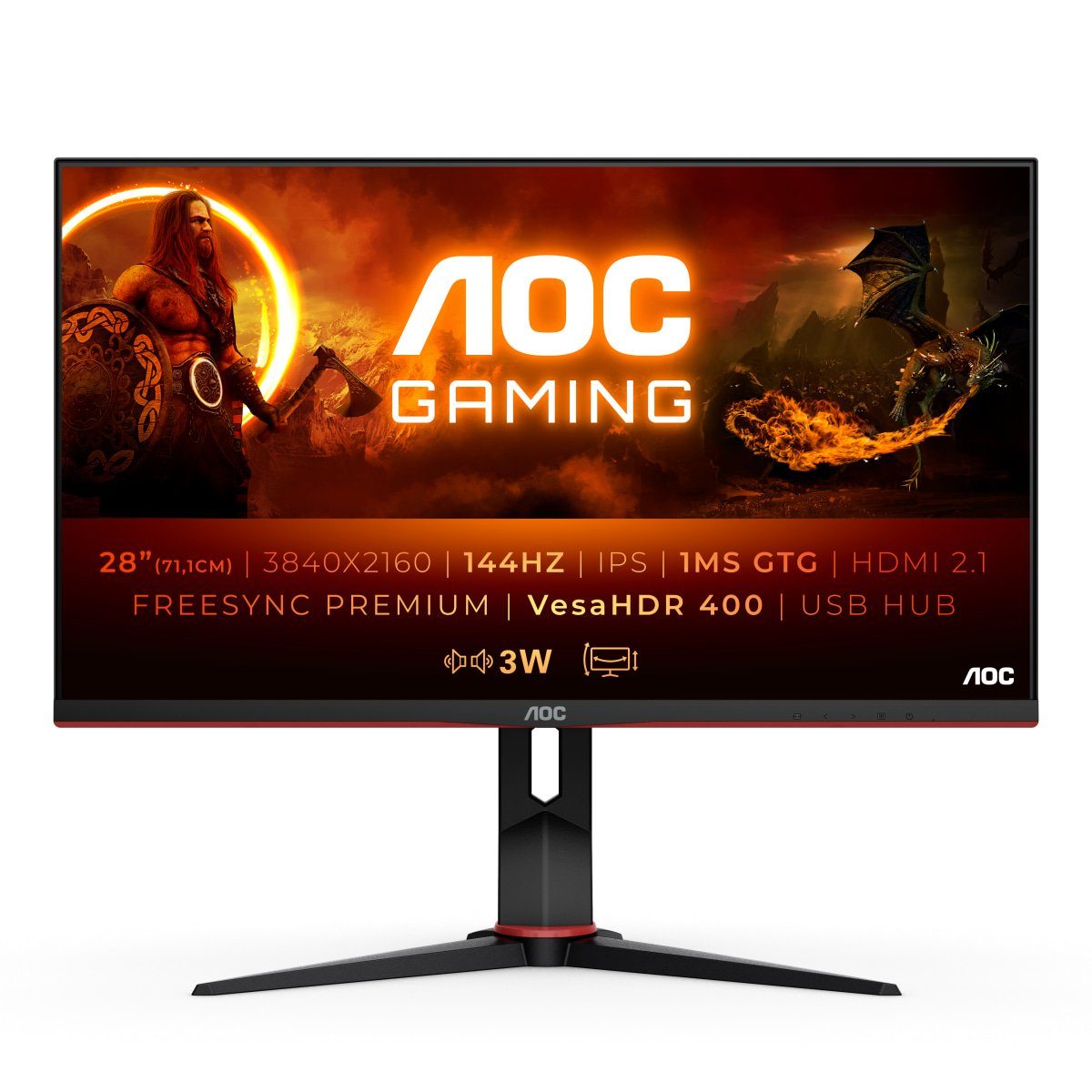 3840 cm/28 Reaktionszeit, x 2160 AOC Ultra px, Hz, HD, 1 (71,1 IPS) 144 ms ", Gaming-Monitor U28G2XU2/BK 4K