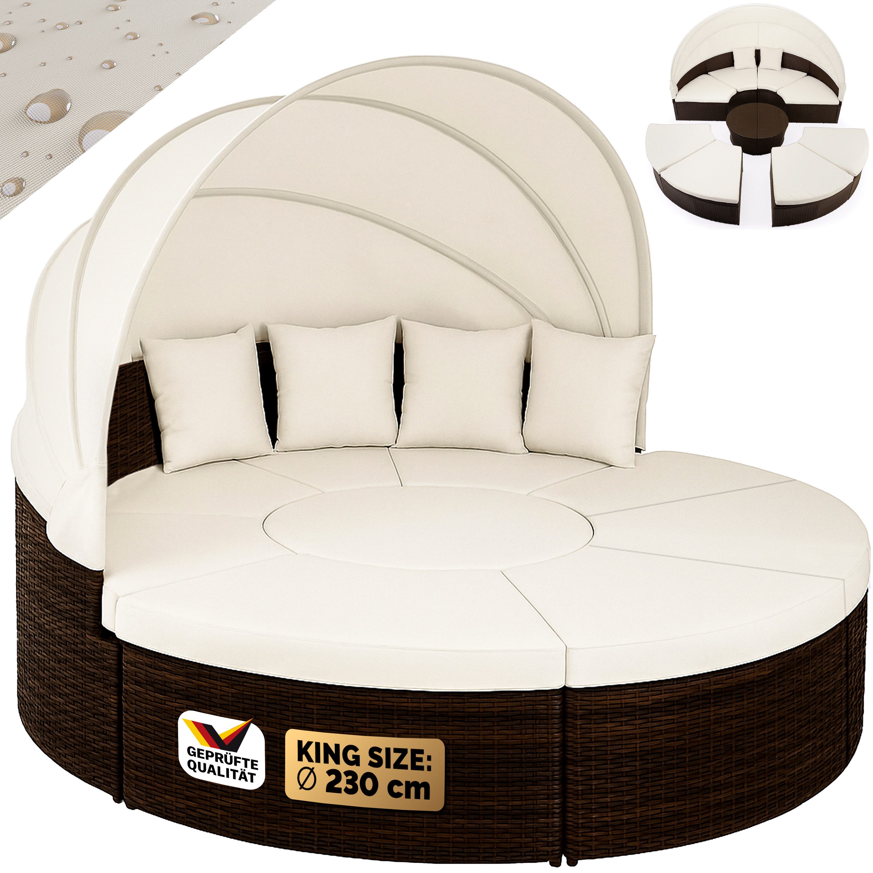 Casaria Sonneninsel Braun, 230cm Sonnenliege Polyrattan Faltdach Wetterfest Kissen Gartenliege