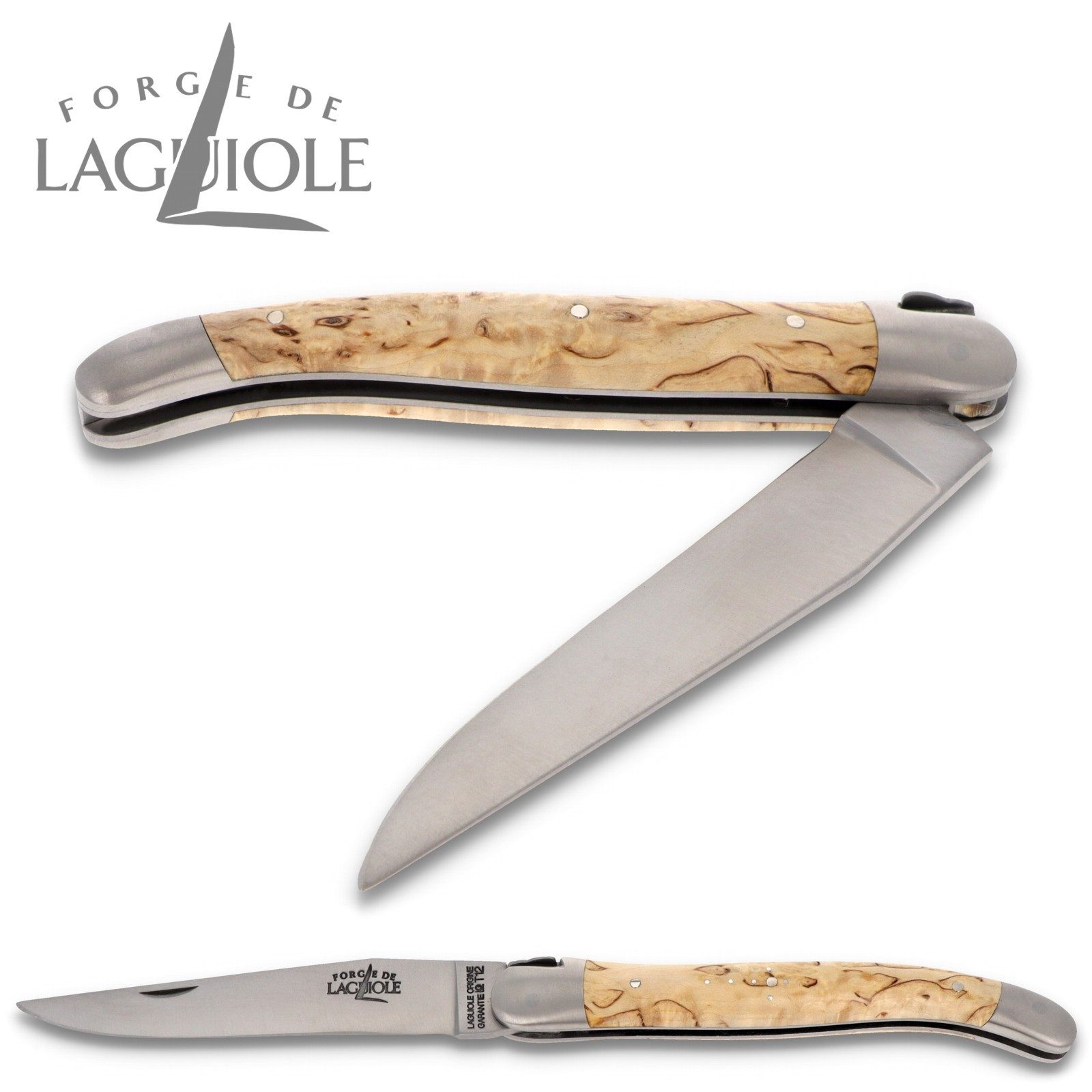Forge de Laguiole Taschenmesser 1211 IN BO SAT, Griff 11cm Birke - Verzierte Feder - Klinge Backen Stahl satiniert
