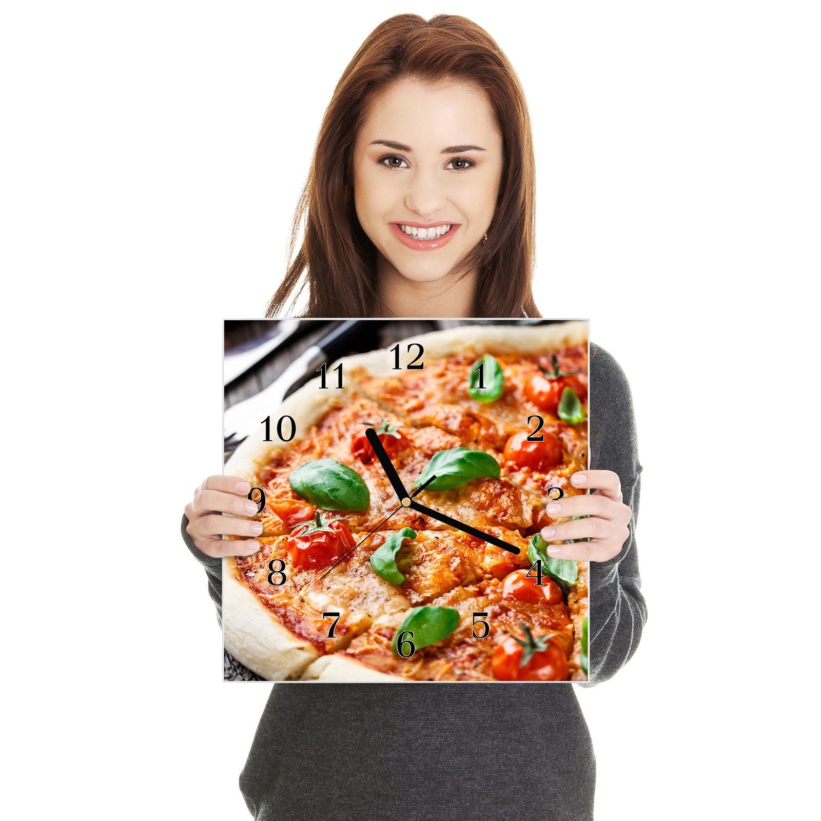 Glasuhr 30 Wanduhr x Basilikum 30 Größe Pizza Motiv mit Wanduhr cm Wandkunst Primedeco mit