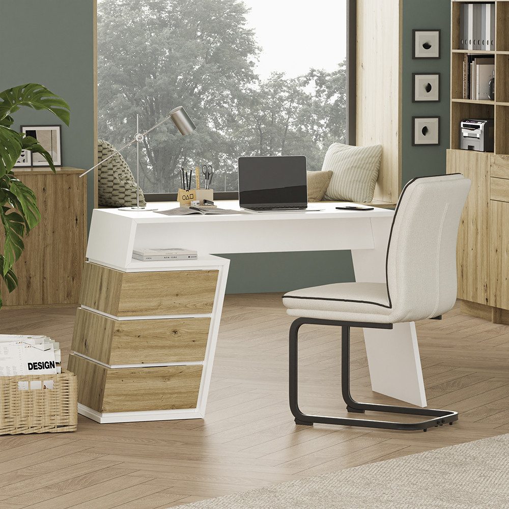 Vicco Schreibtisch Okaro, Weiß/Eiche, 105 x 50 cm mit 3 Schubladen (1-St)