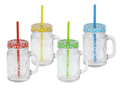 Spetebo Gläser-Set Trinkgläser mit Deckel und Strohhalm - 4er Set, Glas, Vintage Gläser mit Henkel