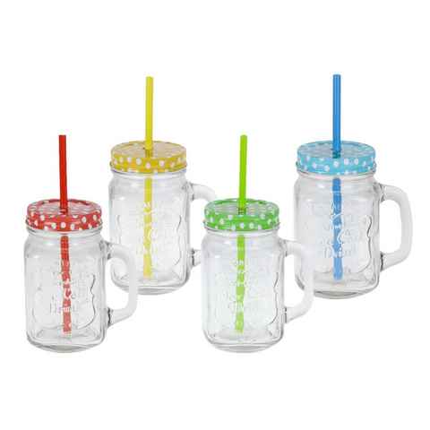 Spetebo Gläser-Set Trinkgläser mit Deckel und Strohhalm - 4er Set, Glas, Vintage Gläser mit Henkel