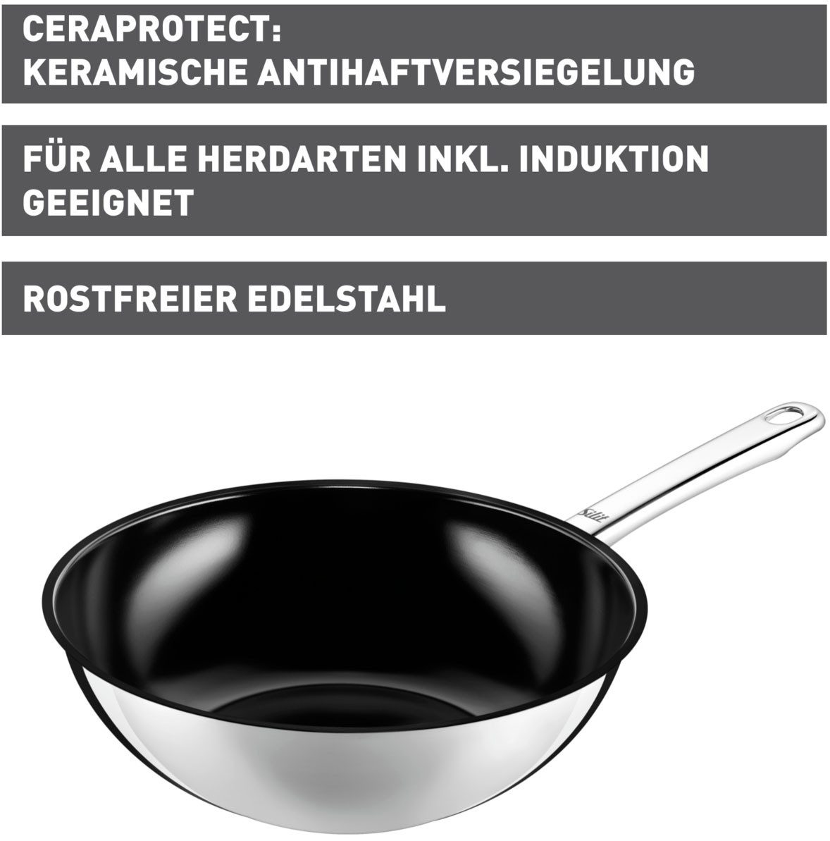 Silit Wok Wuhan, Ø 28 cm, Wokpfanne Induktion, keramische Antihaftbeschichtung, Edelstahl 18/10, ideal für scharfes Anbraten, für alle Herdarten geeignet