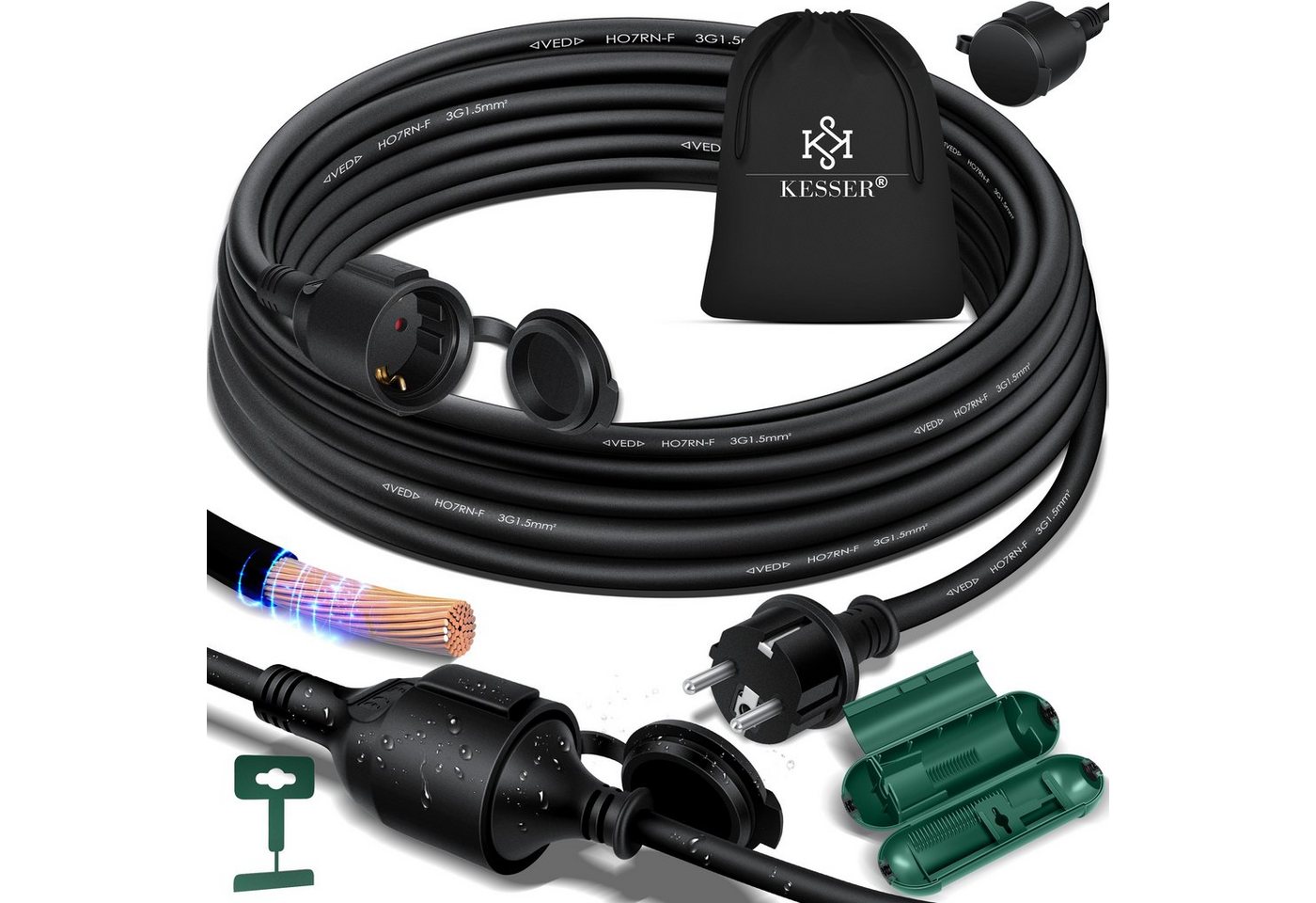 KESSER Verlängerungskabel, (3 cm), Verlängerungskabel mit Schutzkappe Outdoor für Innenbereich