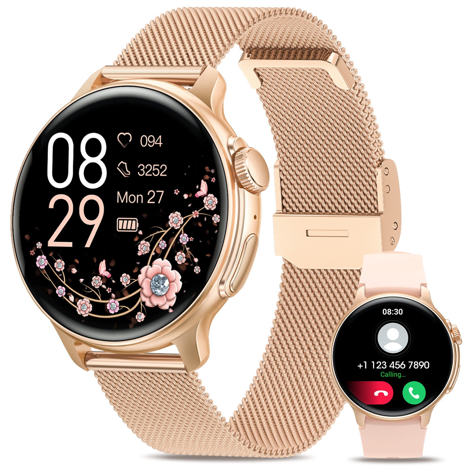 Sanorum Smartwatch für Damen und Herren mit Telefonfunktion Smartwatch (3.63 cm/1.43 Zoll, AMOLED HD Voll Touchscreen) IP68 Wasserdicht Armbanduhr, mit Herzfrequenz/SpO2/Schlafmonitor/Menstruationszyklus/AI Voice etc, für iOS Android