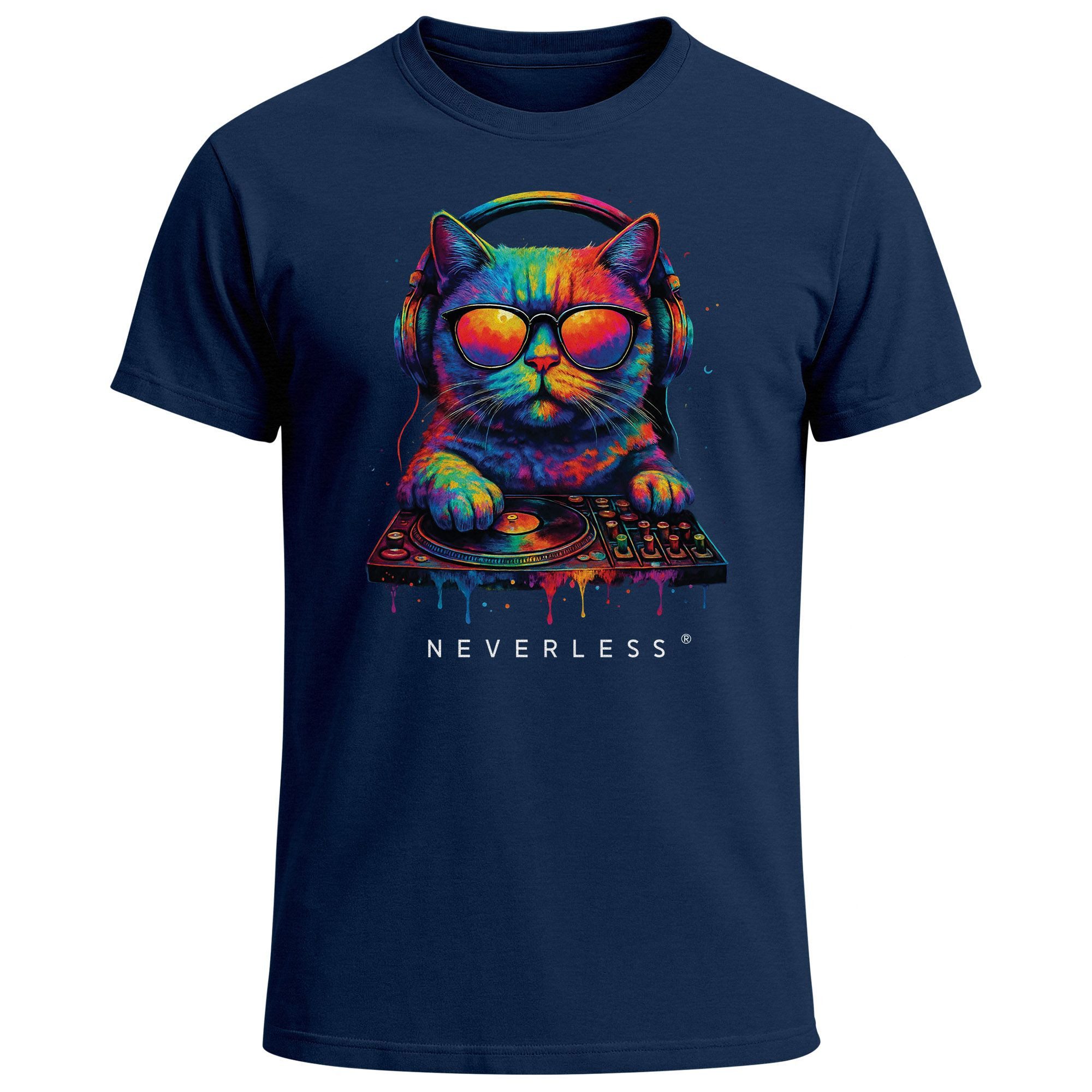 Neverless Print-Shirt Herren T-Shirt DJ Katze Musik Print Festival EDM Shirt mit mit Print