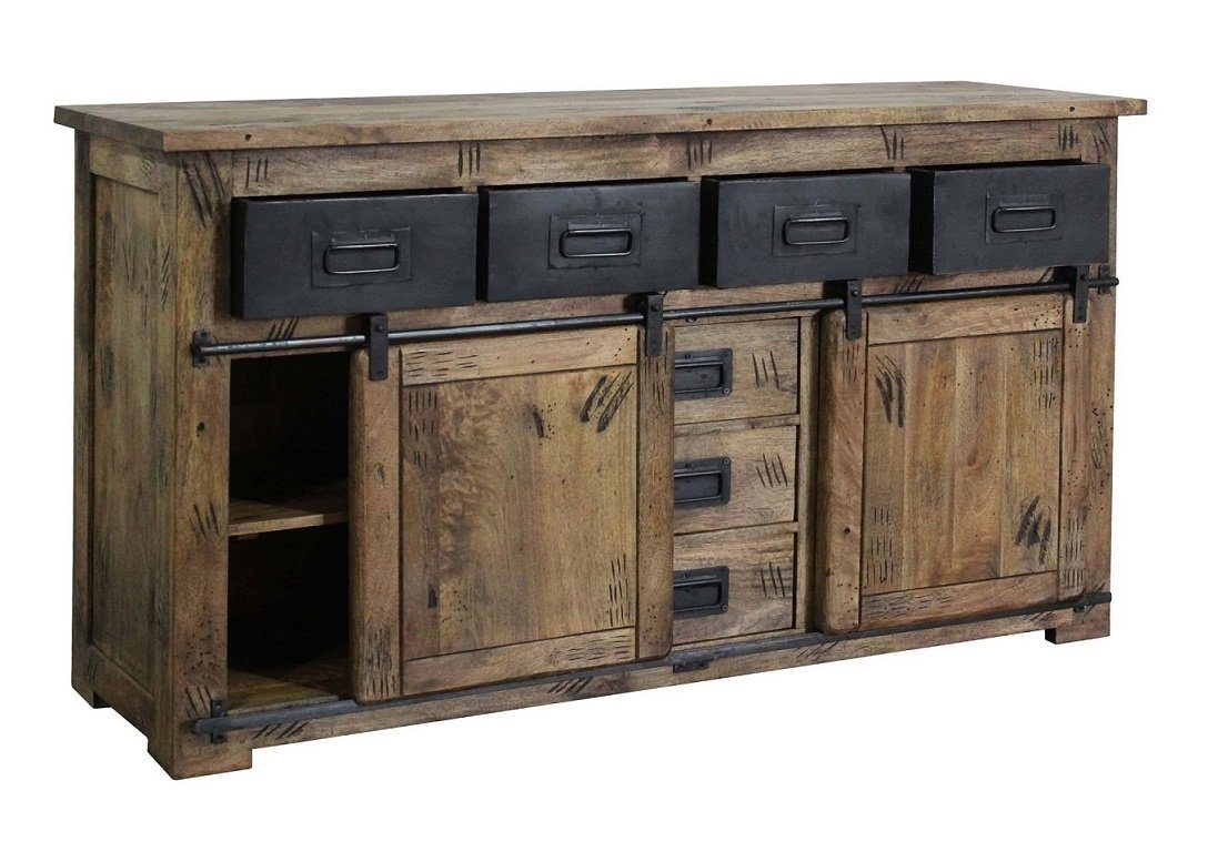 Main Möbel Sideboard Sideboard 150x90cm 'Railroad' Mango & Eisen (Massivholz Industrial, Kommode Anrichte Mango gewachst mit Applikationen in Eisen schwarz), Breite 150cm Höhe 90cm