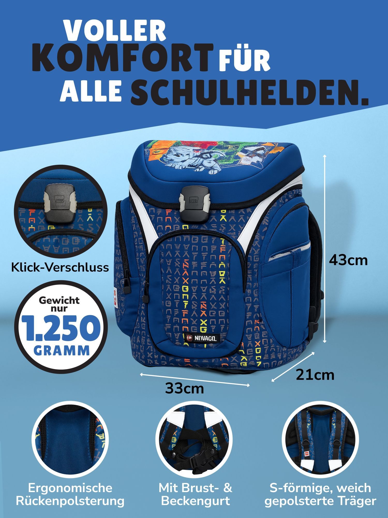 LEGO® Bags Schulranzen Explorer Lego Ninjago Schultasche Blau ab der 1. Klasse (Set, 6-tlg., mit Federmäppchen, Schlamper, Geldbeutel & Turnbeutel), ergonomisch; mit Hüft- & Brustgurt; Ninja Family