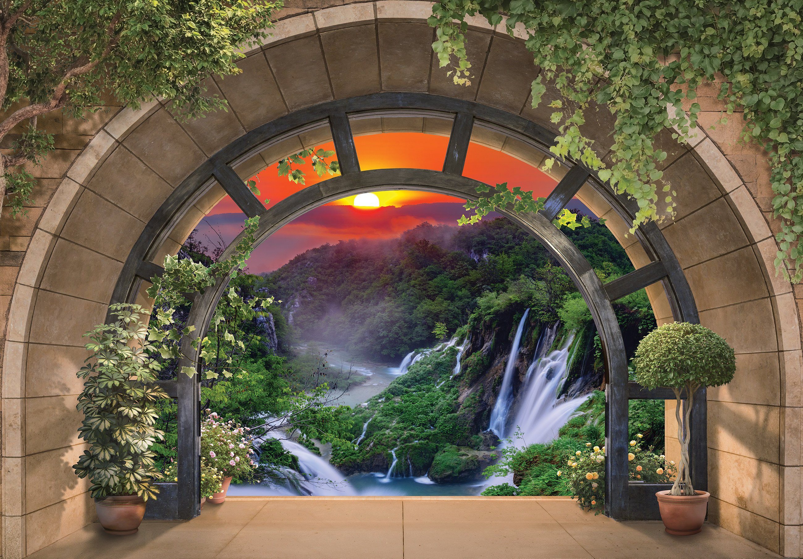 Wallarena Fototapete 3D EFFEKT Fenster Wasserfall Wald Natur Landschaft Vlies Tapete für Wohnzimmer oder Schlafzimmer Vliestapete Wandtapete Motivtapete, Glatt, 3D-Optik, Vliestapete inklusive Kleister