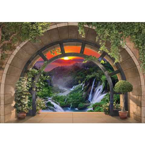 Wallarena Fototapete 3D EFFEKT Fenster Wasserfall Wald Natur Landschaft Vlies Tapete für Wohnzimmer oder Schlafzimmer Vliestapete Wandtapete Motivtapete, Glatt, 3D-Optik, Vliestapete inklusive Kleister