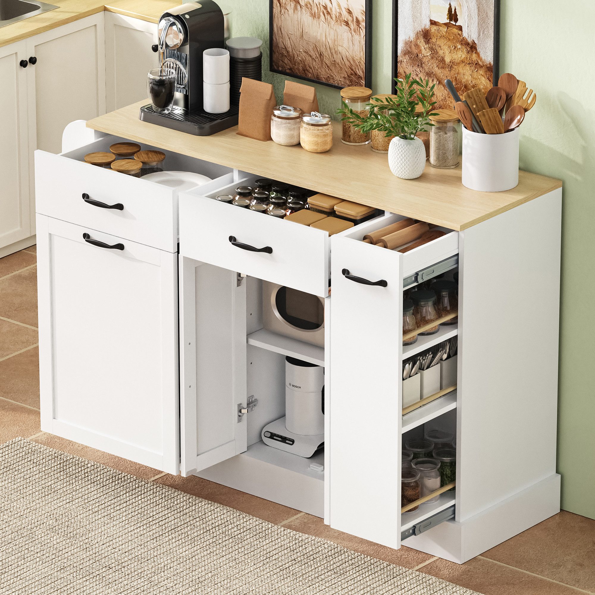 HAUSS SPOLE Sideboard mit Mülleimerfach,Küchenschrank mit Schubladen und Gewürzregal,Weiß (Buffetschrank 133.5×40×86 mit Abfallbehälterfach), für Esszimmer oder Wohnzimmer