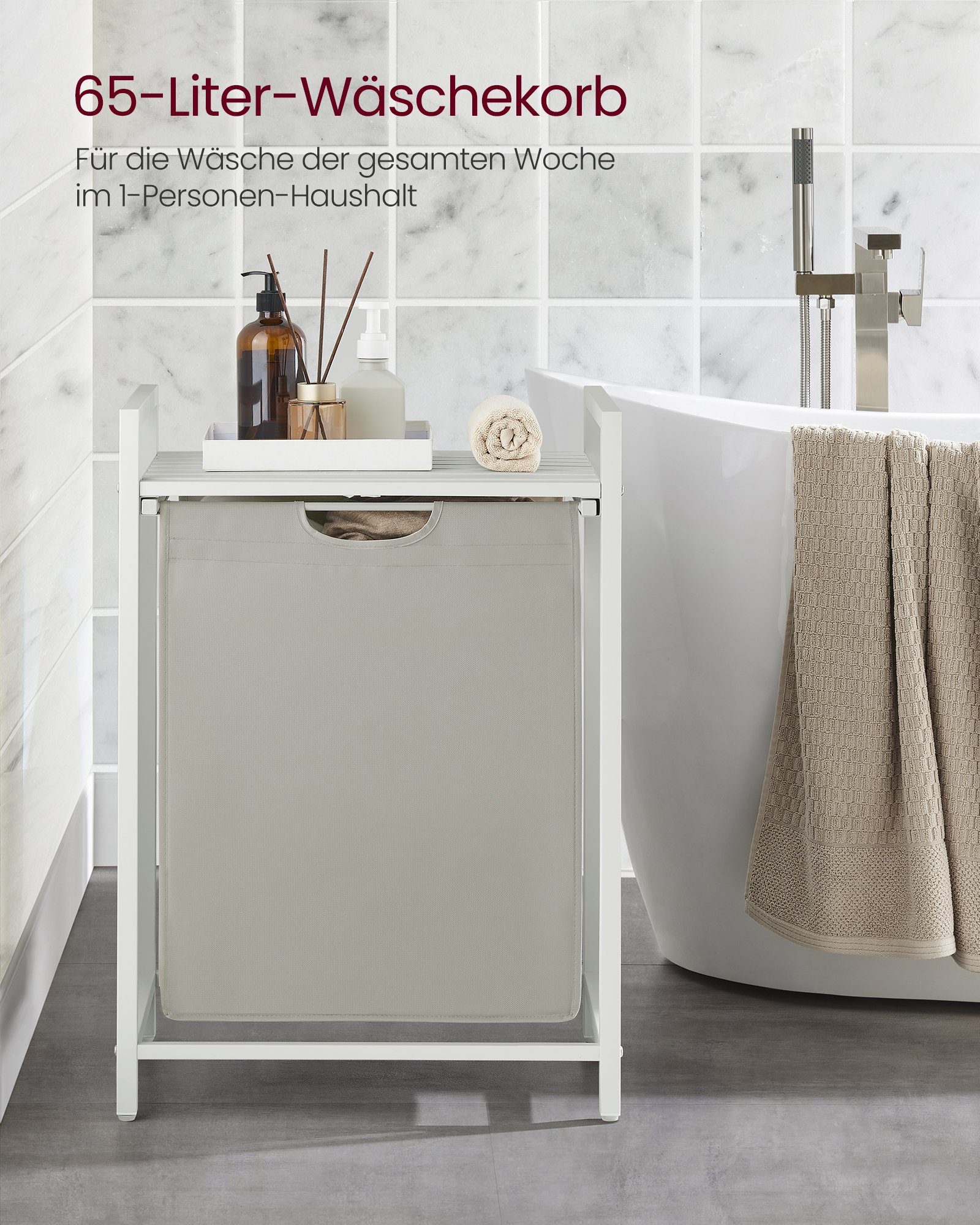 VASAGLE Wäschekorb Wäschesammler mit Ablage, Wäschesack abnehmbar, 65 L, 50 x 33 x 72 cm, Wäschebox, Metallrahmen, weiß – Bild 3 von 5