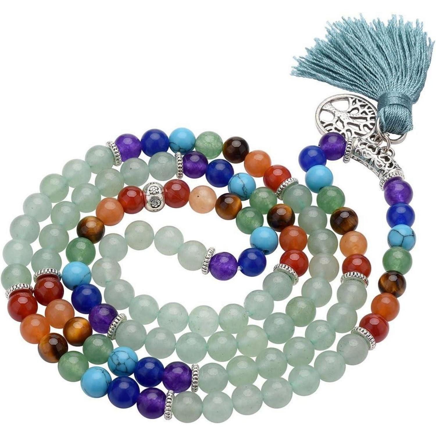LuxusKollektion Perlenkette Mala Kette 108 Perlen Edelstein 7 Chakra Lebensbaum Grünes Aventurin