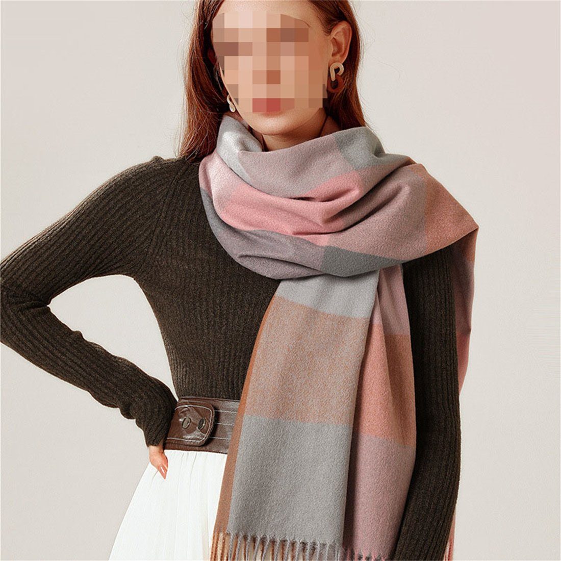 quadratischen gestreiften DÖRÖY Warm Grau Schal, Damen Modeschal Vintage Winter Schal