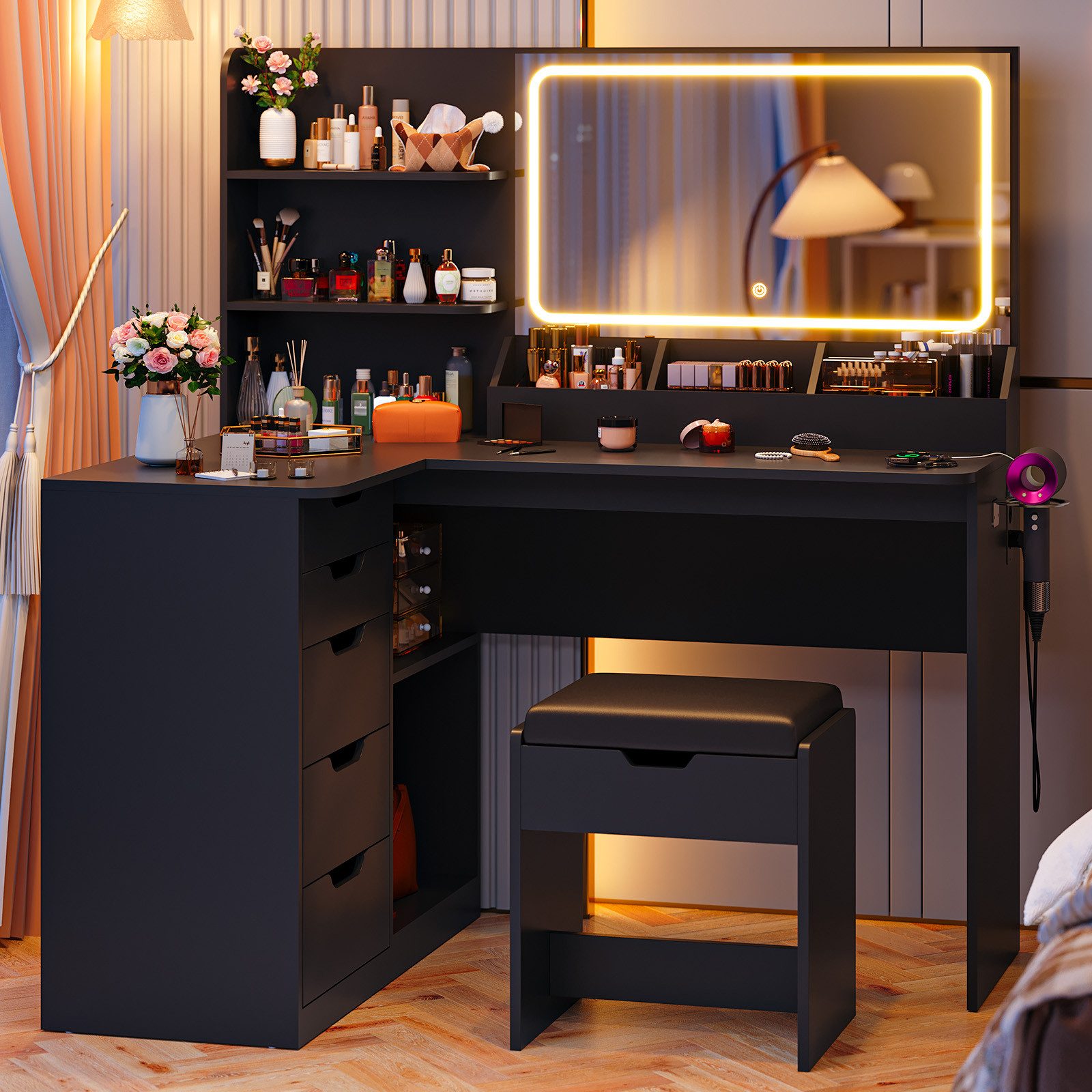 HOMALL Schminktisch Mit Stuhl und dreifarbigem LED-Spiegel, Helligkeit einstellbar (Extra groB: 120x40x 136 cm. 2 Steckdosen +1 USB-Anschluss +1 Typ-C-Anschiluss,5 Schubladen + B Facher - fur ein perfektes Schminkerlebnis)