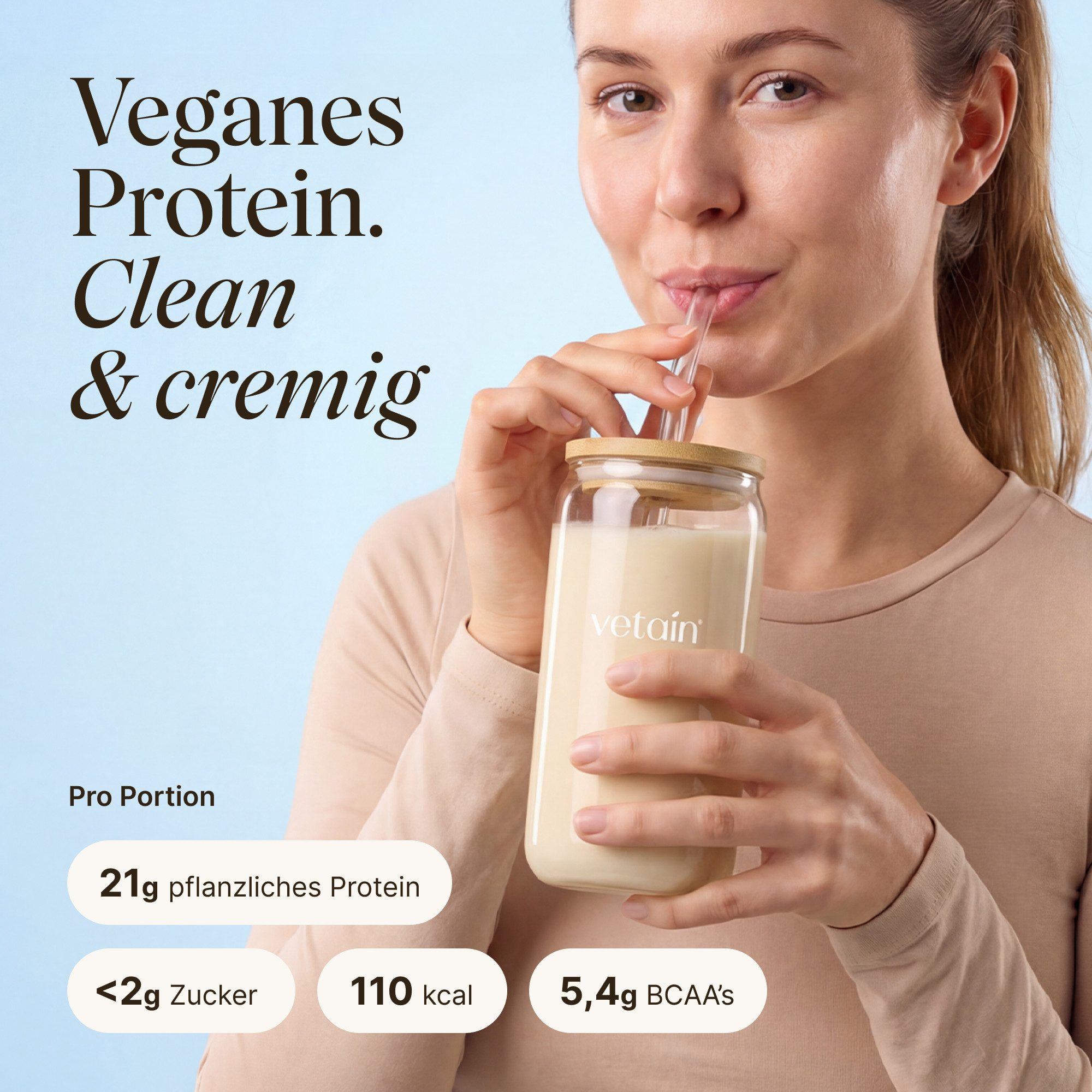VETAIN Vegan Protein Pulver, 600 g, 5 Proteinquellen mit fermentierten Erbsen & Reis
