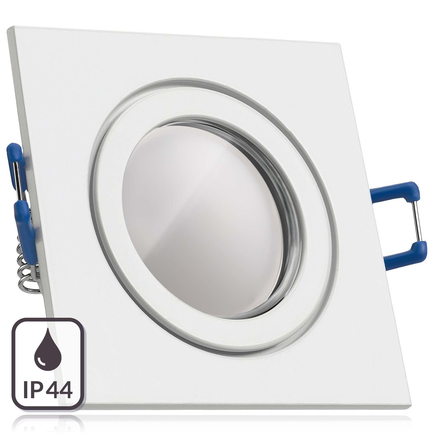 LEDANDO LED Einbaustrahler IP44 LED Einbaustrahler Set Weiß mit LED GU10  Markenstrahler von LEDANDO - 5W - warmweiss - 120° Abstrahlwinkel -  Feuchtraum / Badezimmer - 35W Ersatz - A+ - LED Spot 5 Watt - Einbauleuchte  eckig