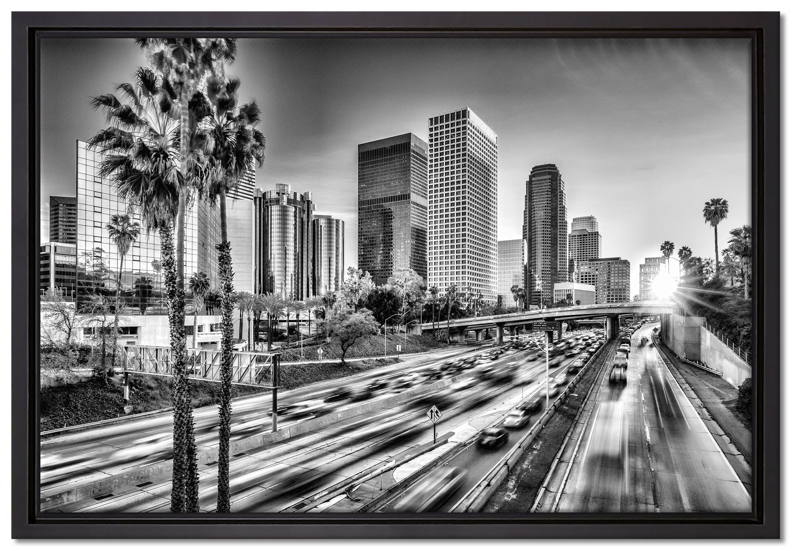 Pixxprint Leinwandbild Straßenverkehr in Los Angeles, Wanddekoration (1 St), Leinwandbild fertig bespannt, in einem Schattenfugen-Bilderrahmen gefasst, inkl. Zackenaufhänger