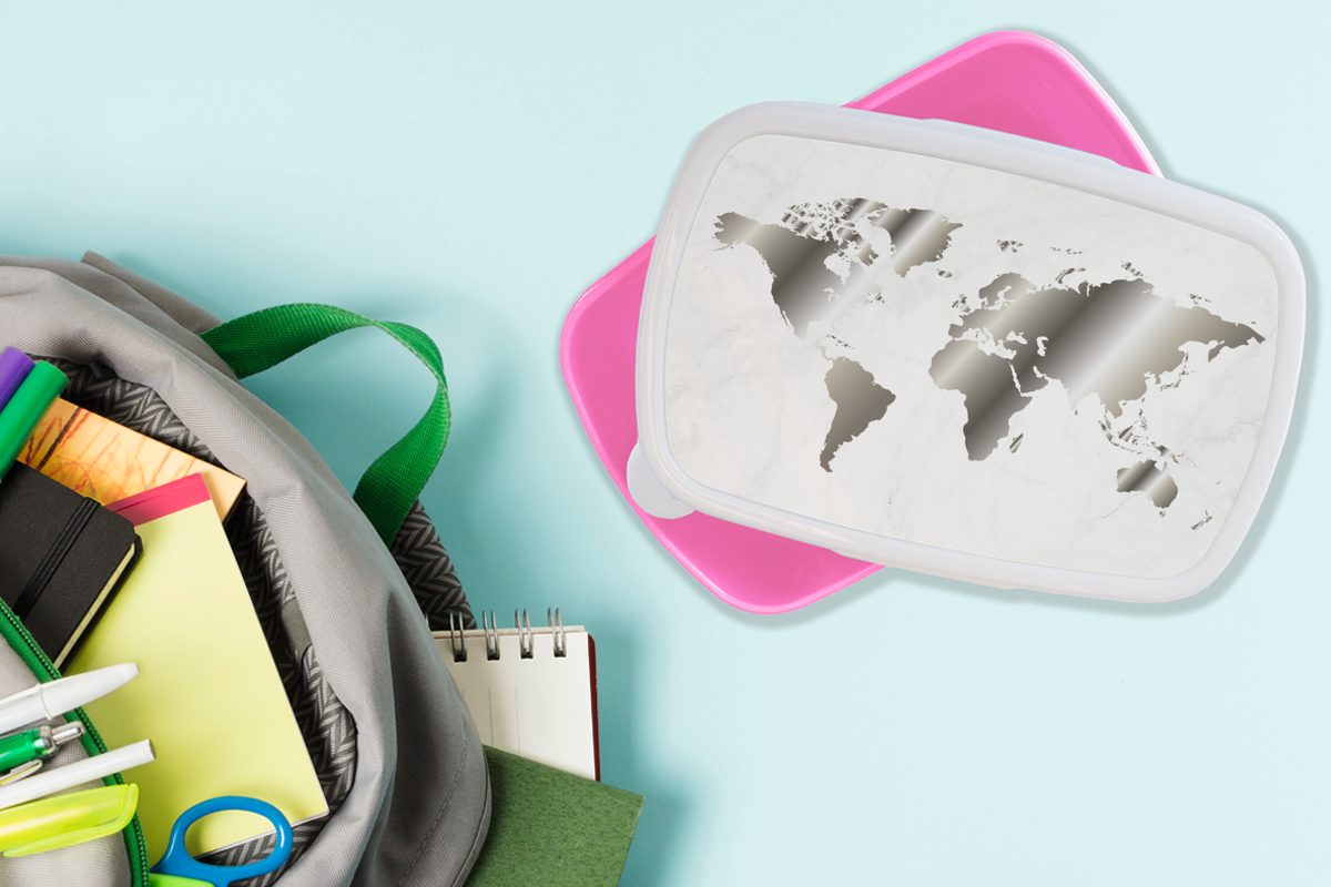 Marmor, (2-tlg), Kunststoff, für und Schwarz Brotbox Erwachsene, Mädchen, Weltkarte Snackbox, - weiß Lunchbox Kinder, rosa Kunststoff MuchoWow Brotdose -