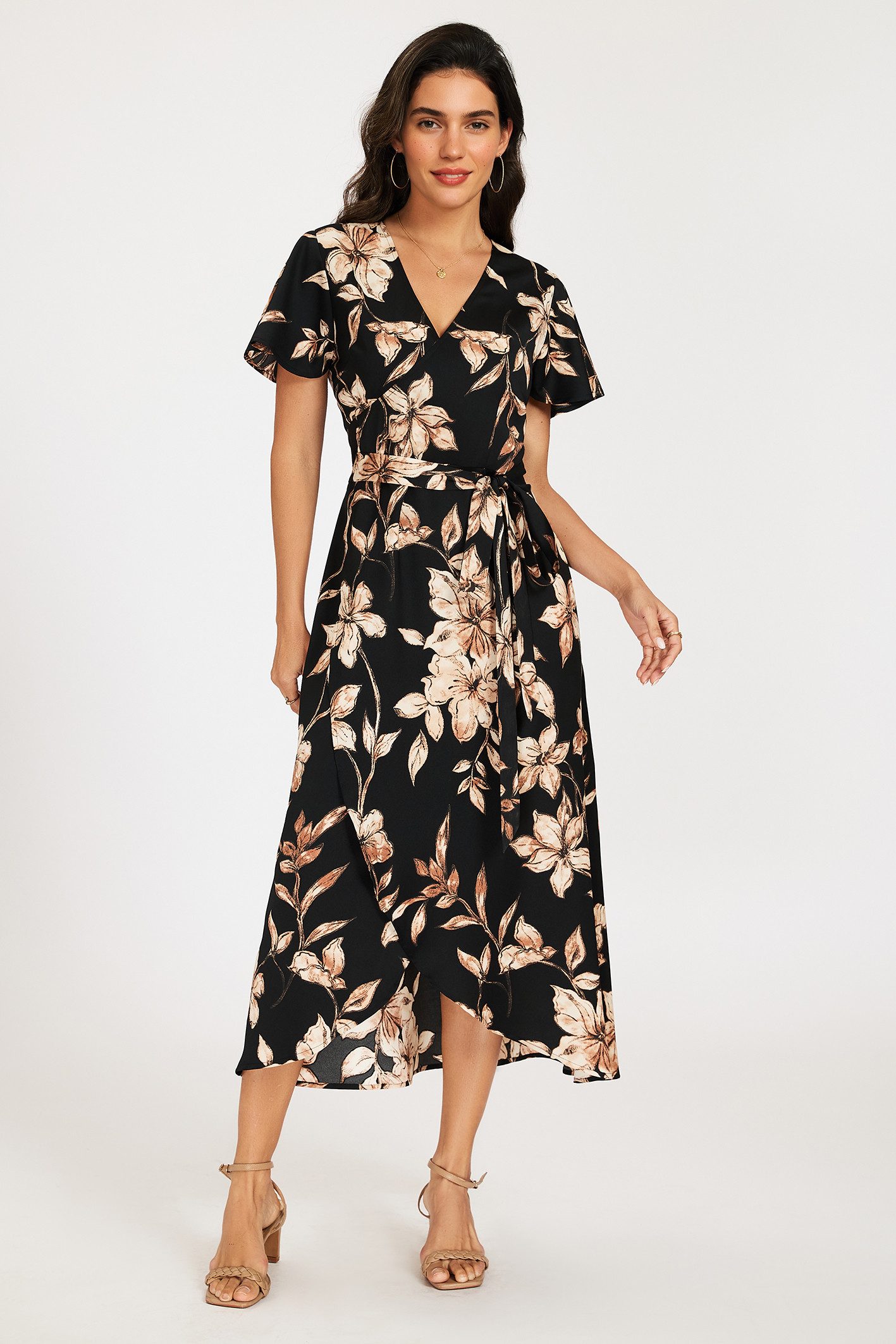 FS Collection Wickelkleid Damen Sommerkleid Freizeitkleid Wickelkleid Maxikleid V-Ausschnitt (XS (EU:36 / UK:8) · S (EU:38 / UK:10) · M (EU:40 / UK:12) · L (EU:42 / UK:14) · XL (EU:44 / UK:16), 4 Farben: Braun-Blau, Schwarz-Braun,Dunkelgrün gepunktet, Oliv-Schwarz) Wickeloptik, V-Ausschnitt, Bindegürtel, Flatterärmel