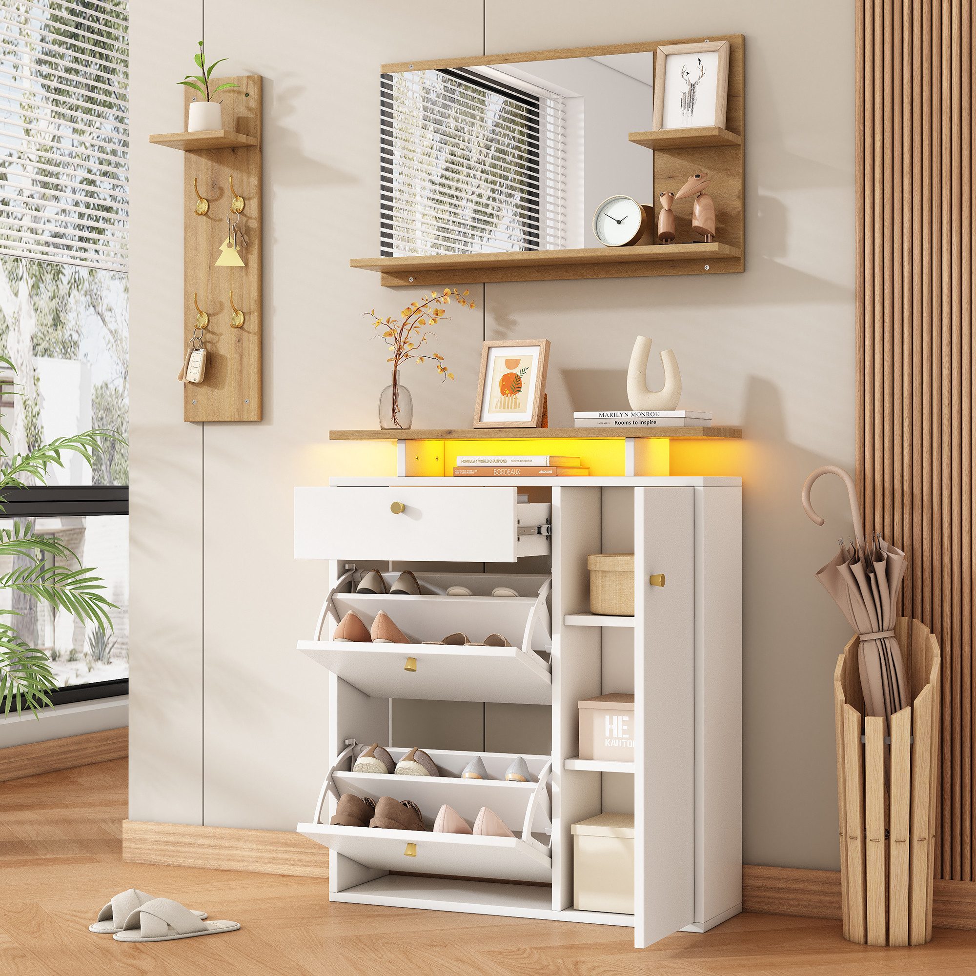 Flieks Garderoben-Set Schuhschrank mit LED, Wandregal mit Kleiderhaken, Spiegel mit Ablagen, (3-St), Flurmöbel-Set Weiß&Holzoptik, Schuhkommode mit Klappen und Schubladen