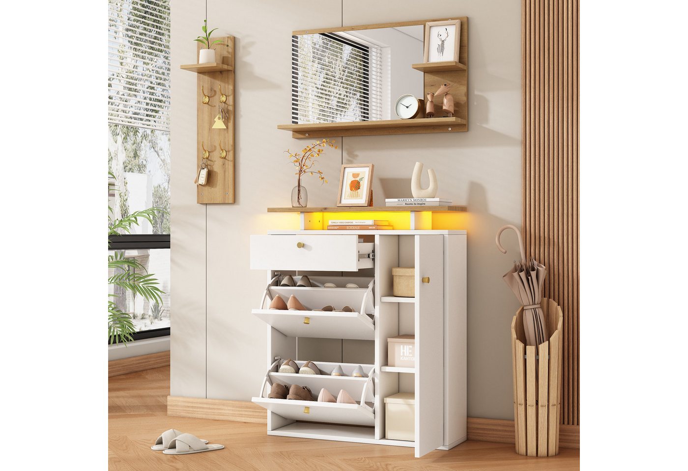 Flieks Garderoben-Set Schuhschrank mit LED, Wandregal mit Kleiderhaken, Spiegel mit Ablagen, (3-St), Flurmöbel-Set Weiß&Holzoptik, Schuhkommode mit Klappen und Schubladen