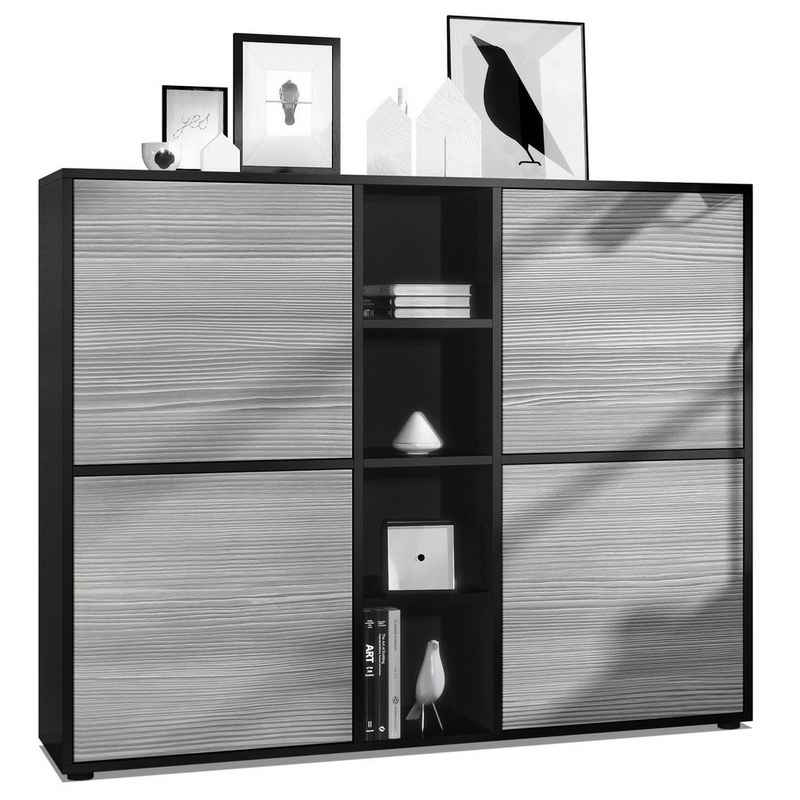 Vladon Highboard Cuba (Highboard, Schrank Anrichte Cuba V3 mit 12 Fächern), Korpus in Schwarz matt / in Avola-Anthrazit (130,5x105,5x35,5 cm)