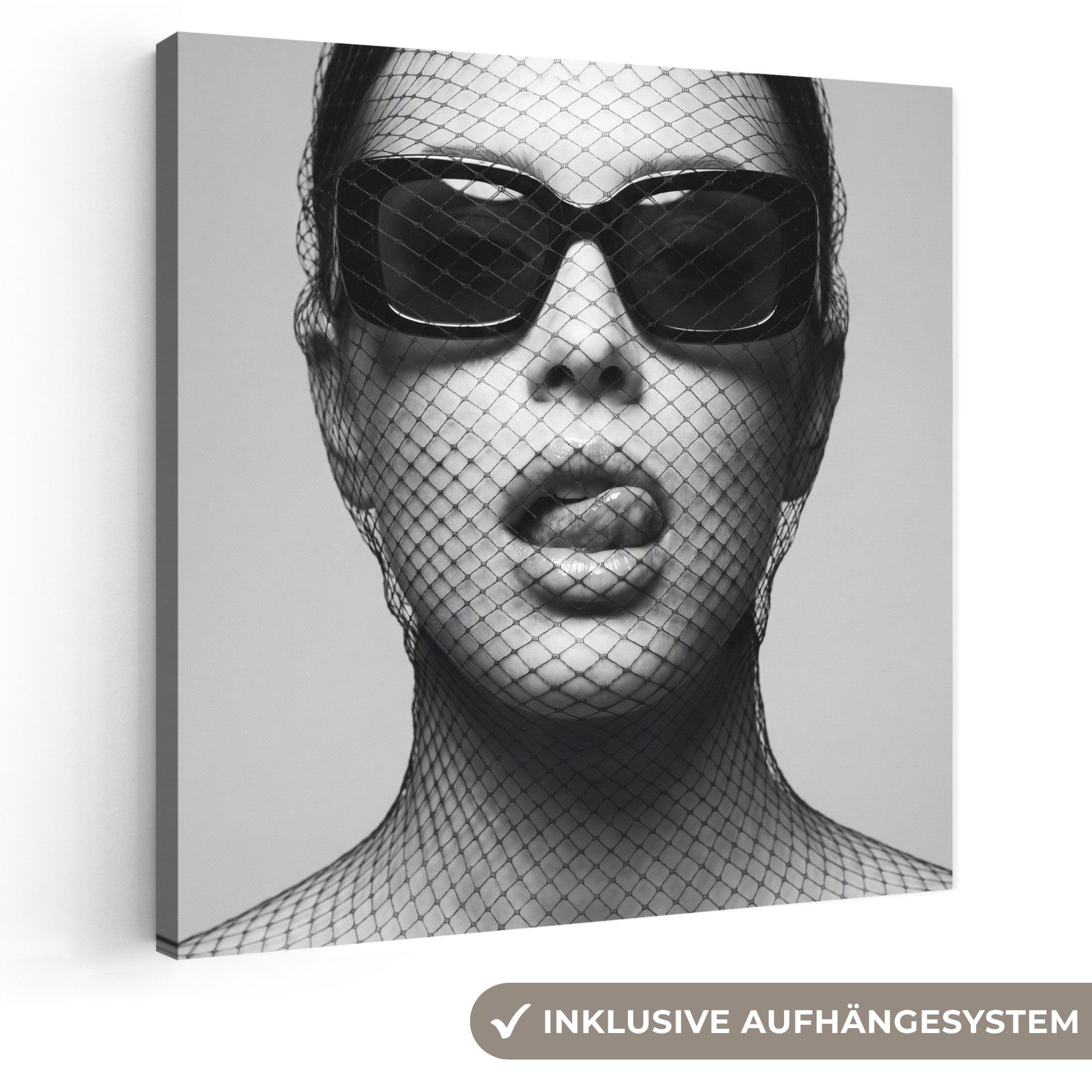 OneMillionCanvasses® Leinwandbild Frau - Netz - Mysteriös - Schwarz - Weiß, Fotodruck (1 St), Wandbild, Deko Schlafzimmer Wohnzimmer Flur 20x20 cm