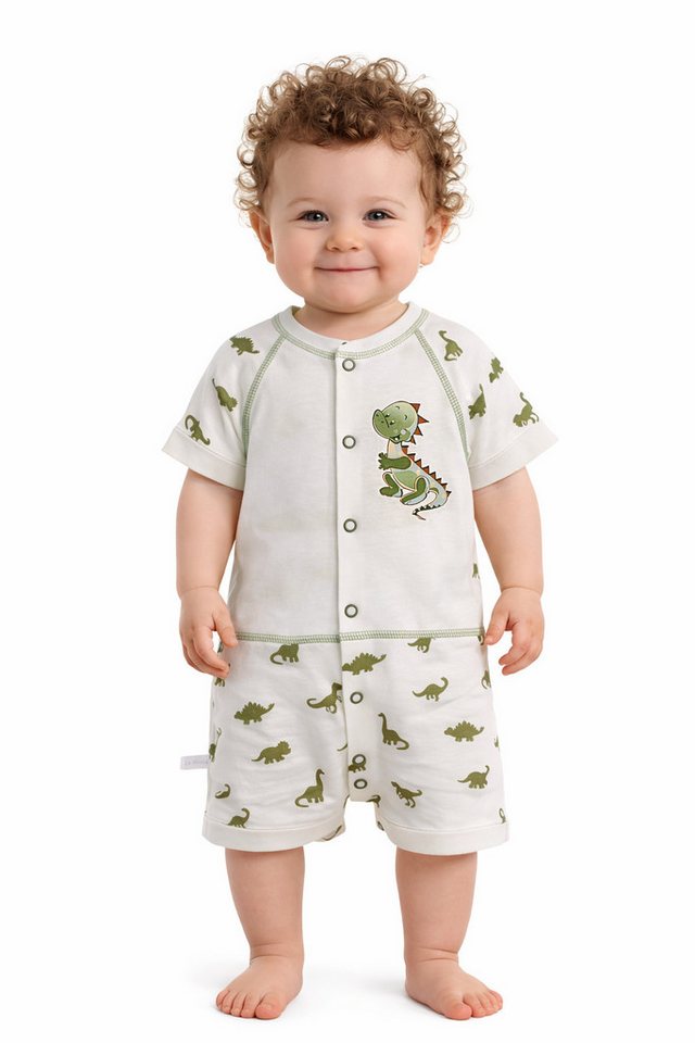La Bortini Shorty Baby Spieler kurzer Strampler Romper in Creme mit Dino-Aufdruck aus reiner Baumwolle, 44 50 56 62 68 74 80 86