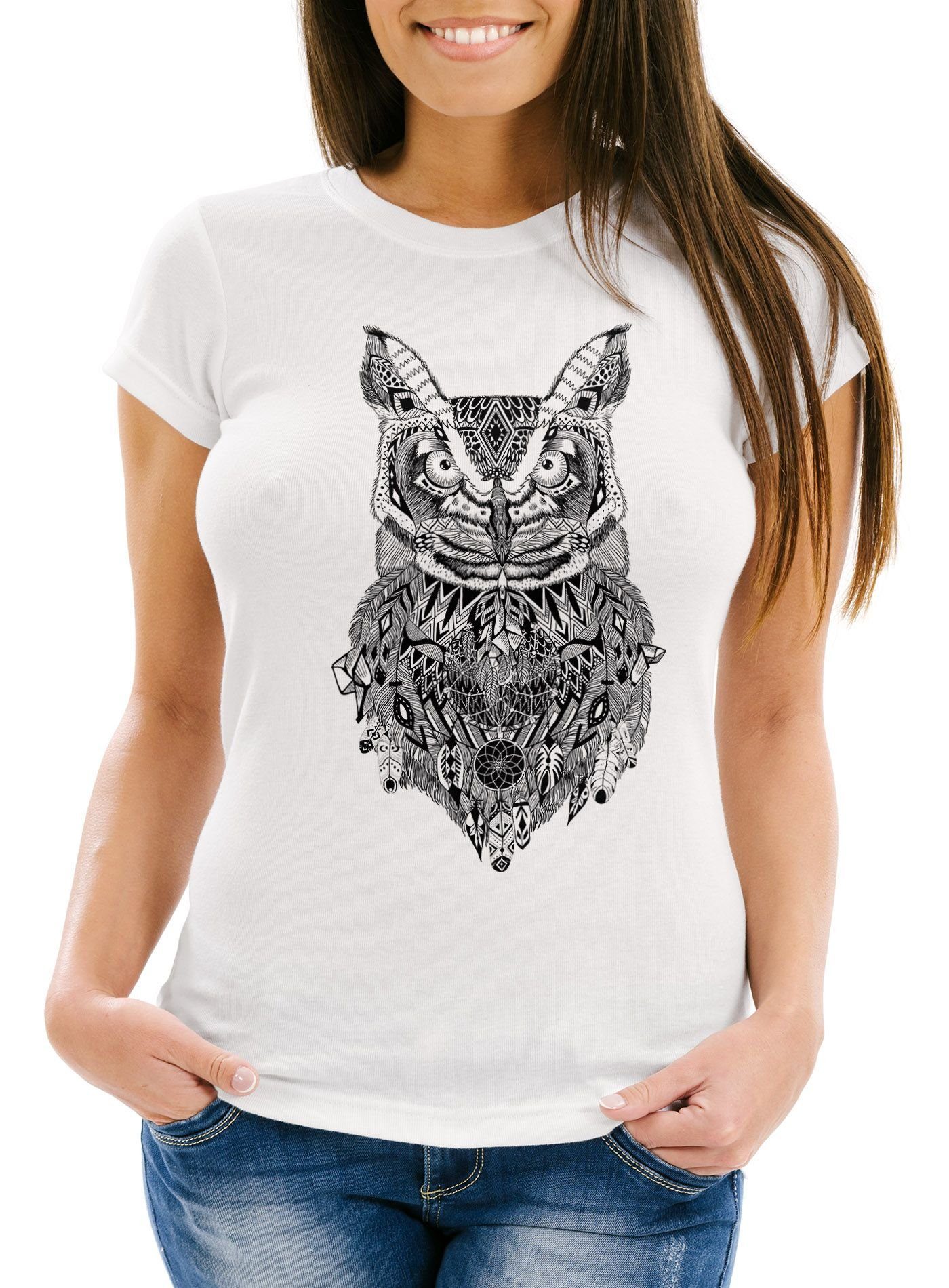 Neverless Print-Shirt Damen T-Shirt Eule Atzekenmuster günstig online kaufen
