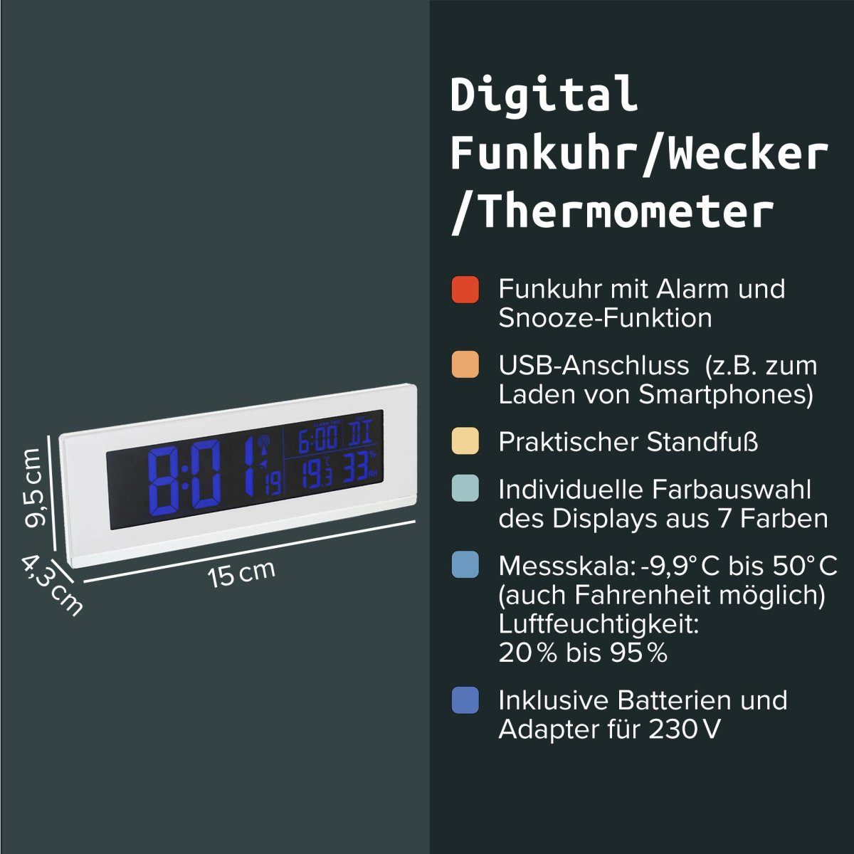 FACKELMANN Funkuhr Digitale Funkuhr – Wecker, Thermometer, Hygrometer, USB-Ladefunktion – Bild 4 von 5