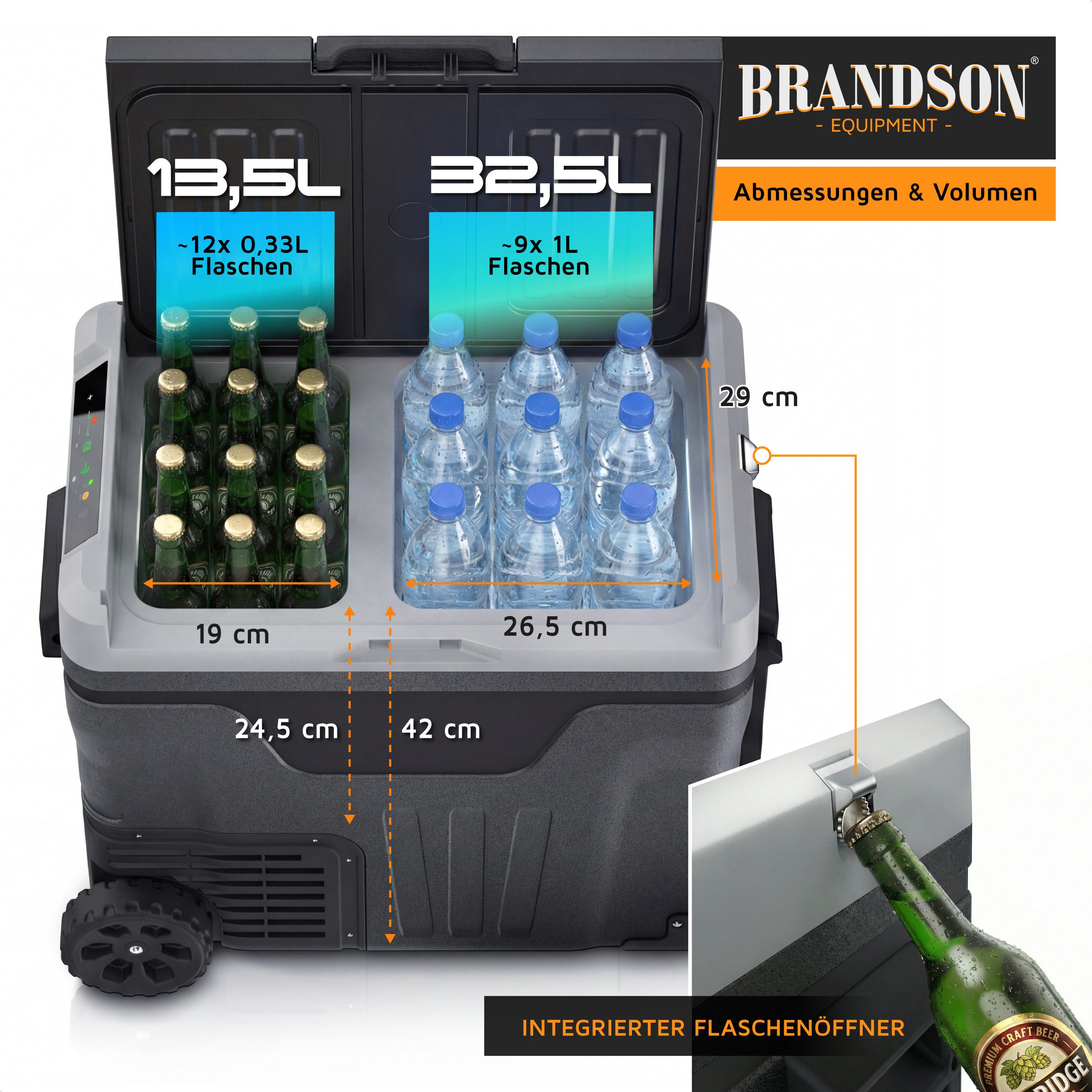 Brandson Elektrische Kühlbox Kompressor Kühlbox, bis – 20°C, ECO Modus, 46 L, für Auto & Haus, 46 l, 2-Zonen, -20°C Tiefkühlung, ECO, Trolley, Batteriewächter, LED-Display