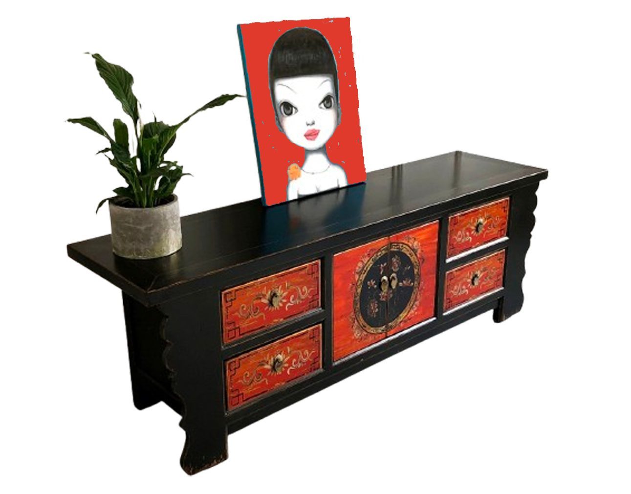 OPIUM OUTLET Kommode Asiatische Kommode Chinesischer Schrank Kommode Asia Möbel (Vintage Landhaus-Stil, komplett montiert, rot - schwarz, Hochzeitsschrank Breite x Tiefe x Höhe: 177 x 45 x 60 cm), Orientalisches TV Sideboard fernöstlich