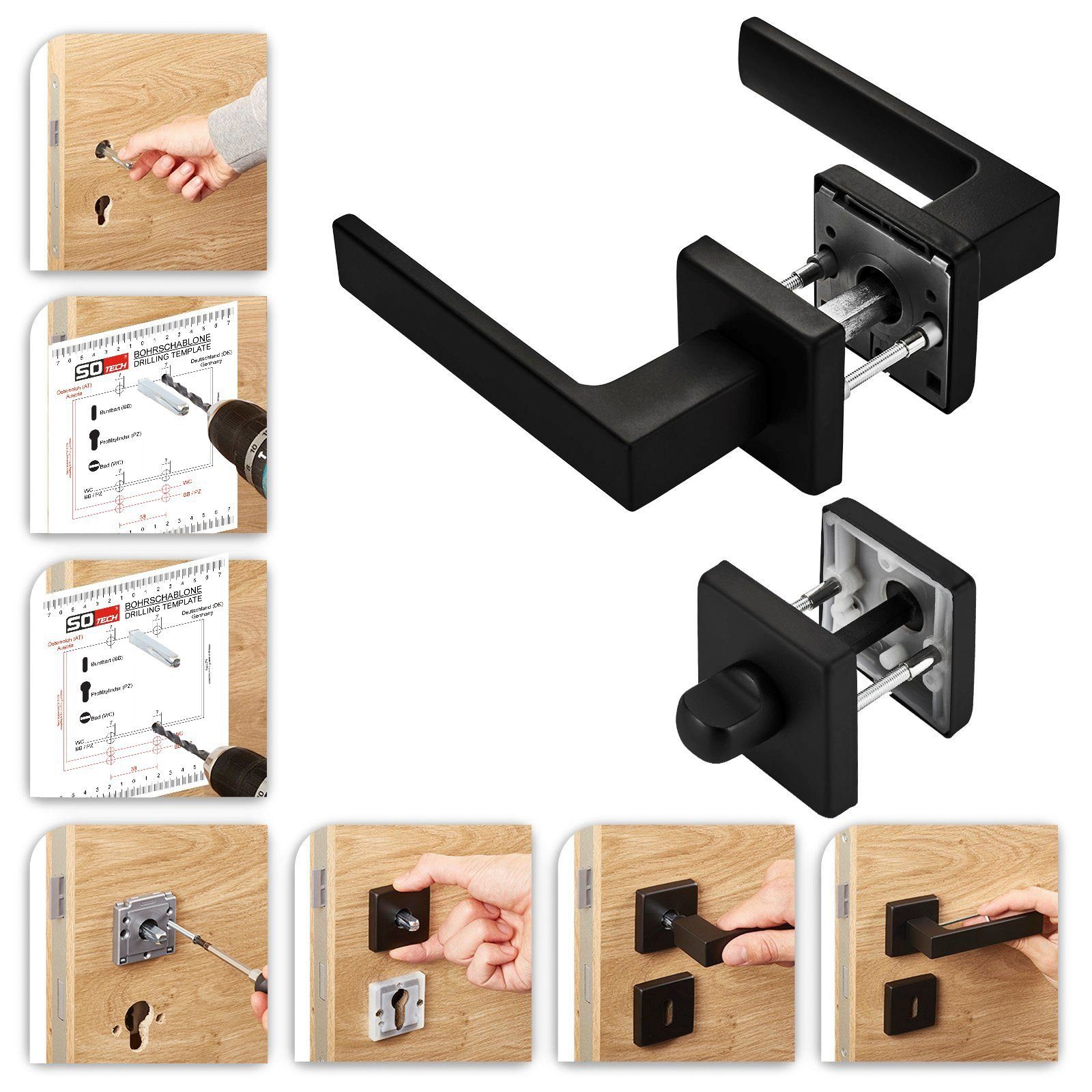 SO-TECH® Drückergarnitur Türdrücker CUBE schwarz 120 x 22 mm Vierkant 8 x 8 mm, Bad / WC Türen Rosettengarnitur – Bild 4 von 5