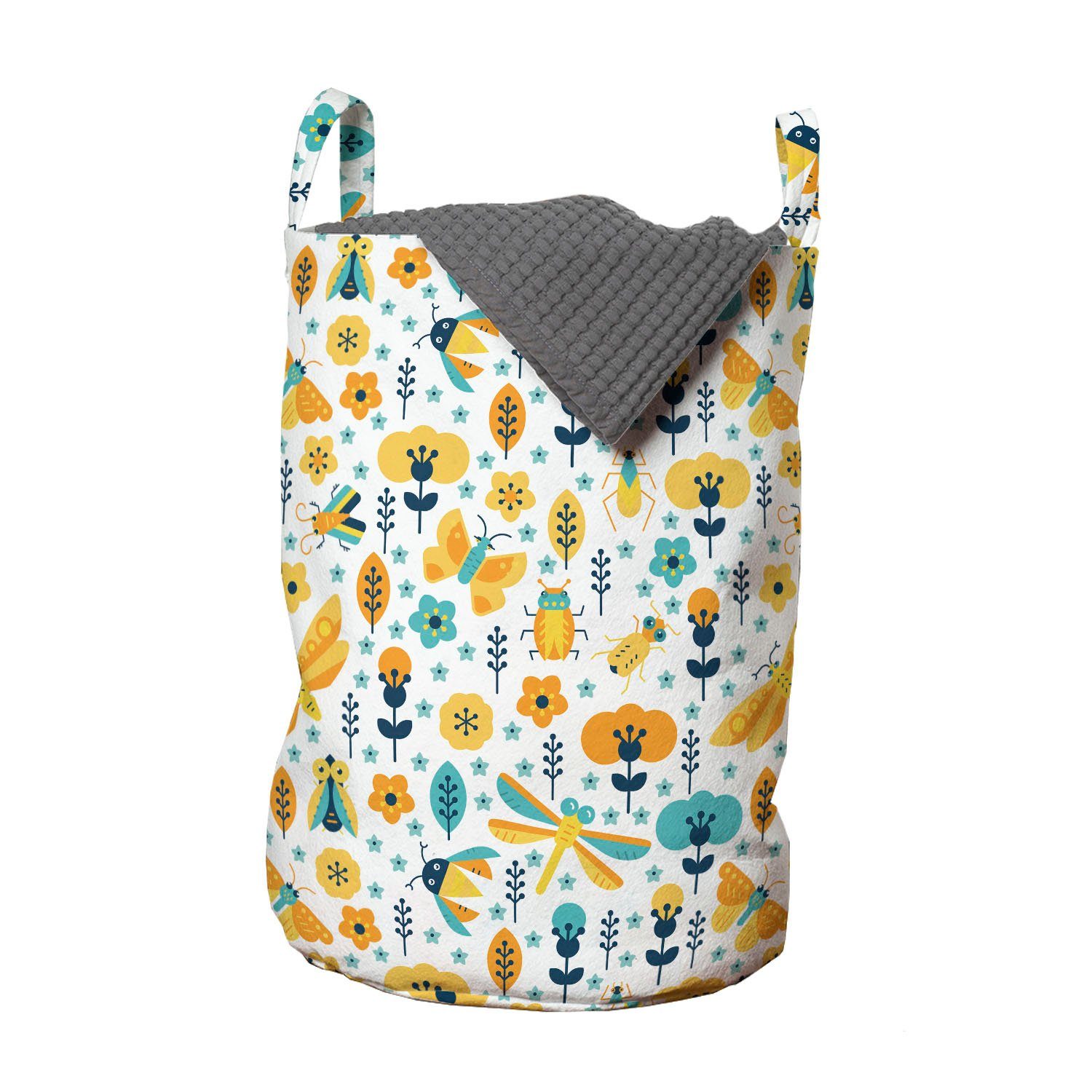 Abakuhaus Wäschesäckchen Wäschekorb mit Griffen Kordelzugverschluss für Waschsalons, Frühling Blumen-Blüte und Bugs
